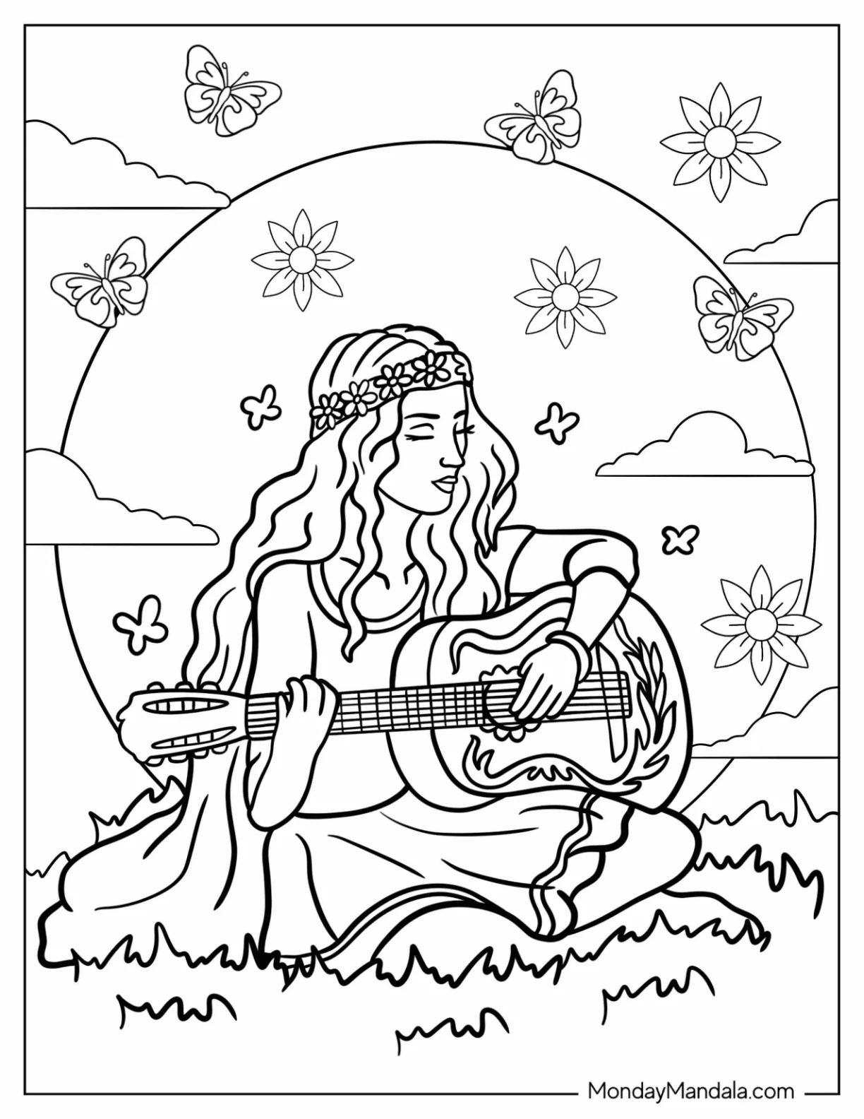 Hippie Coloring Page Of Woman Playing The Guitar coloring page — printable line art