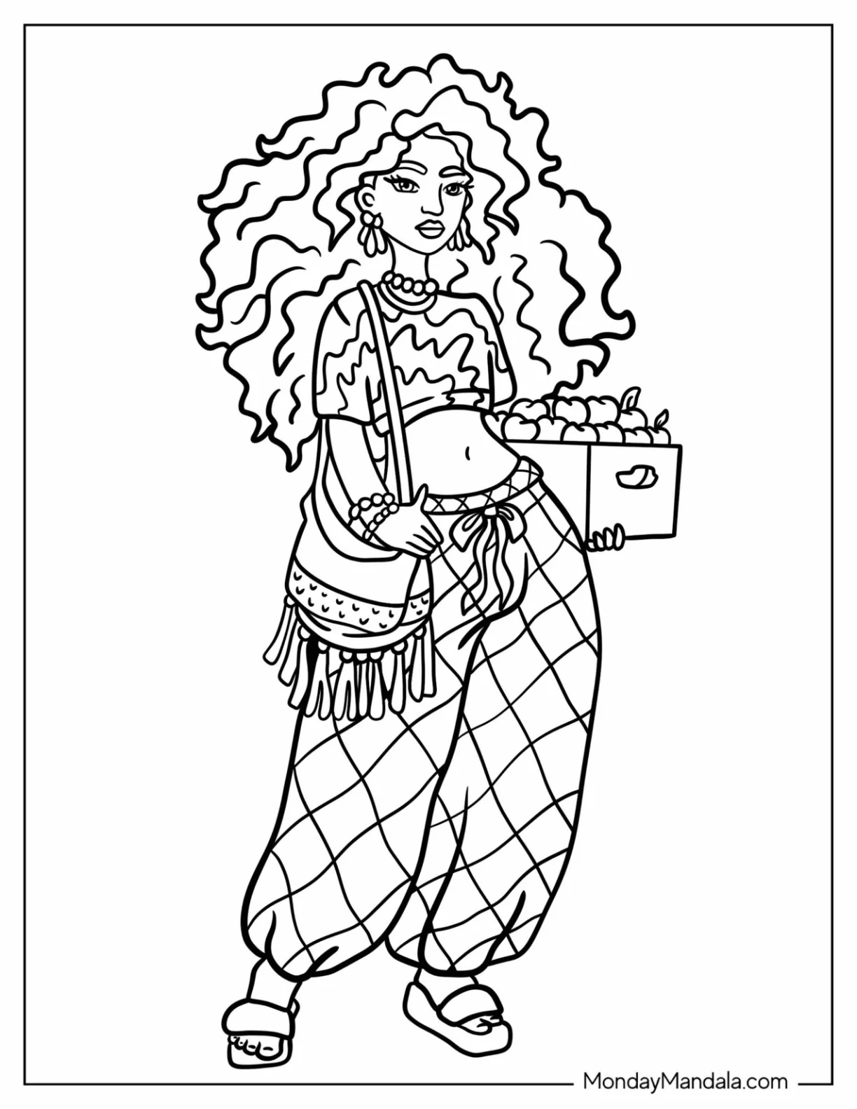 Hippie Coloring Page Of Woman With Big Hair Carrying A Box Of Apples coloring page — printable line art