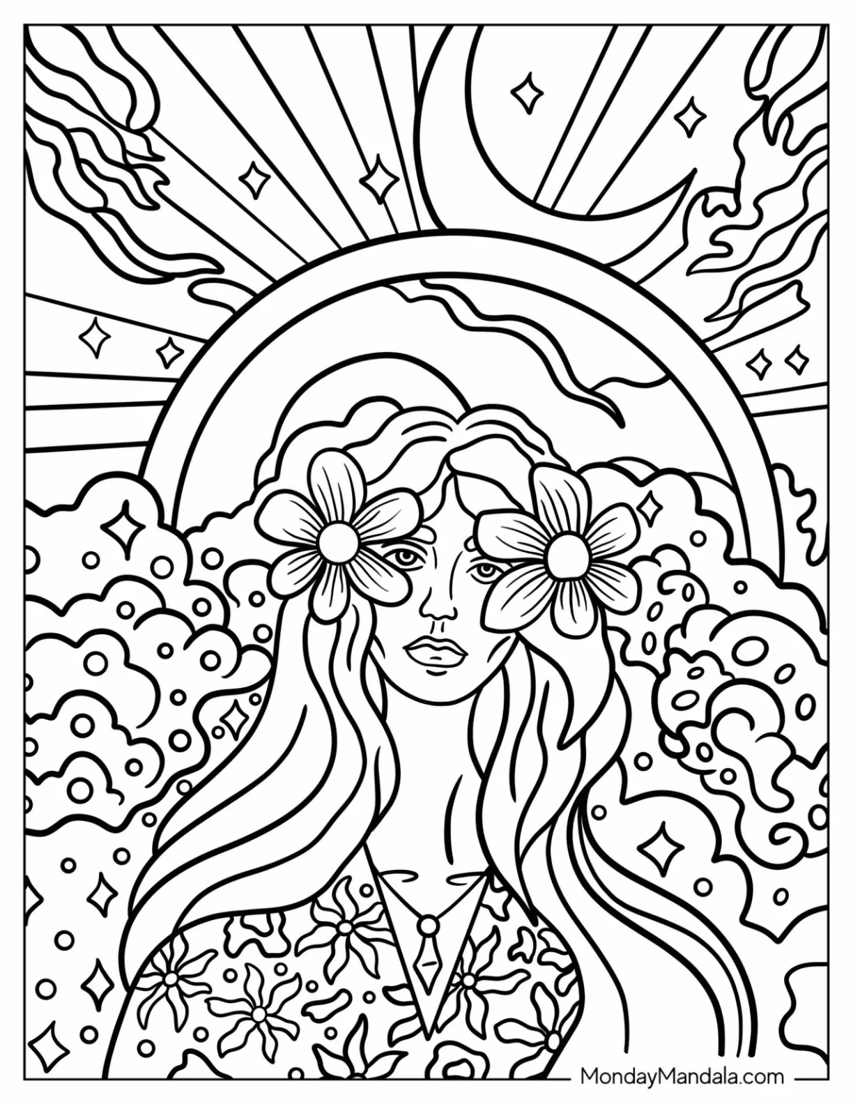 Hippie Coloring Page Of Woman With Flowers In Her Hair coloring page