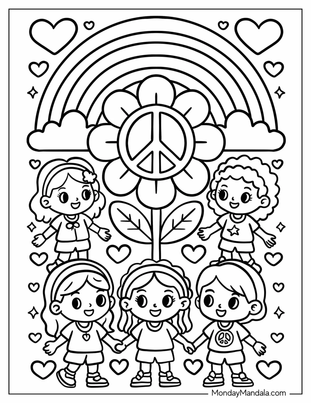 Hippie Peace Sign with Rainbow, Children, and Love Hearts Coloring Sheet coloring page — printable line art