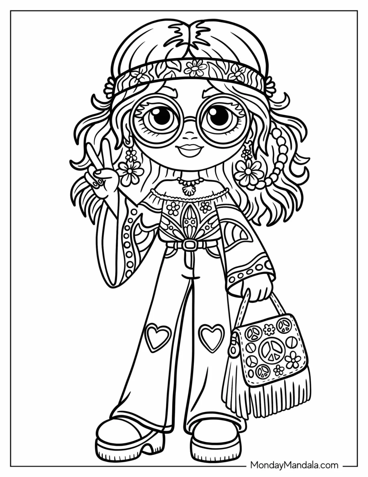 Kawaii Hippie Girl with Patterned Bandana Doing the Peace Sign Coloring Sheet for Kids coloring page