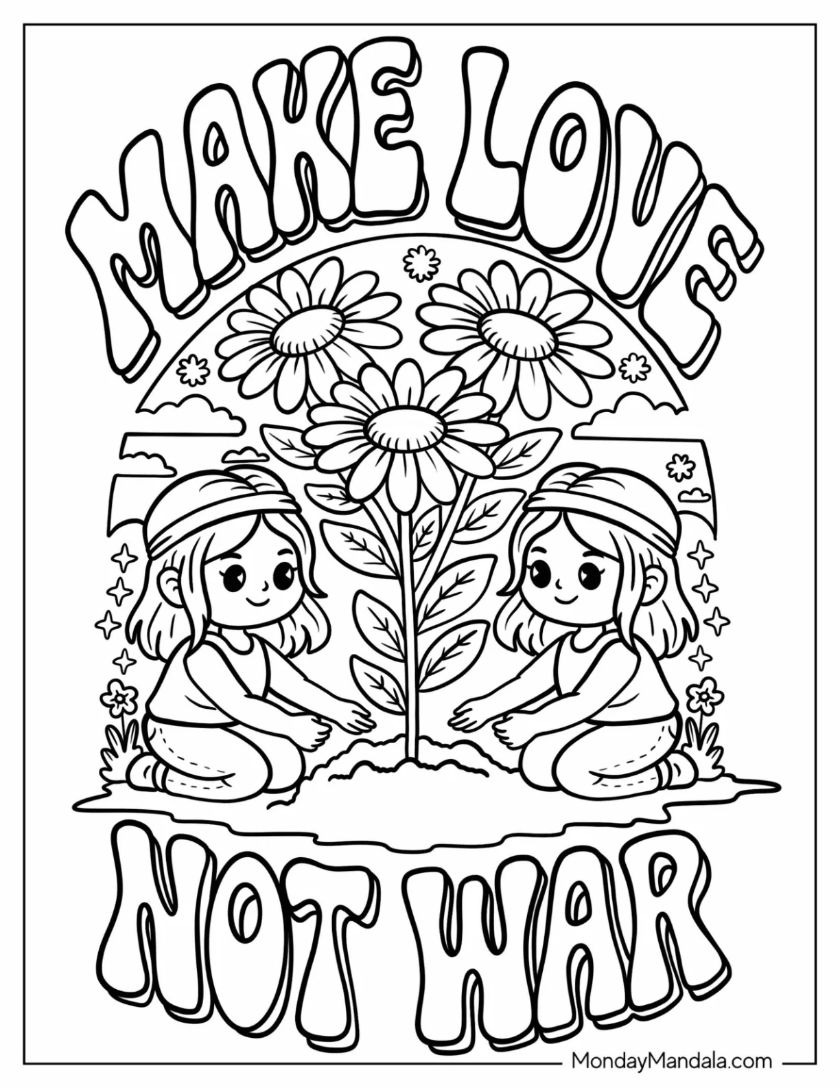 Make Love Not War Text with Hippie Children Planting Flowers Coloring Page for Kids coloring page — printable line art