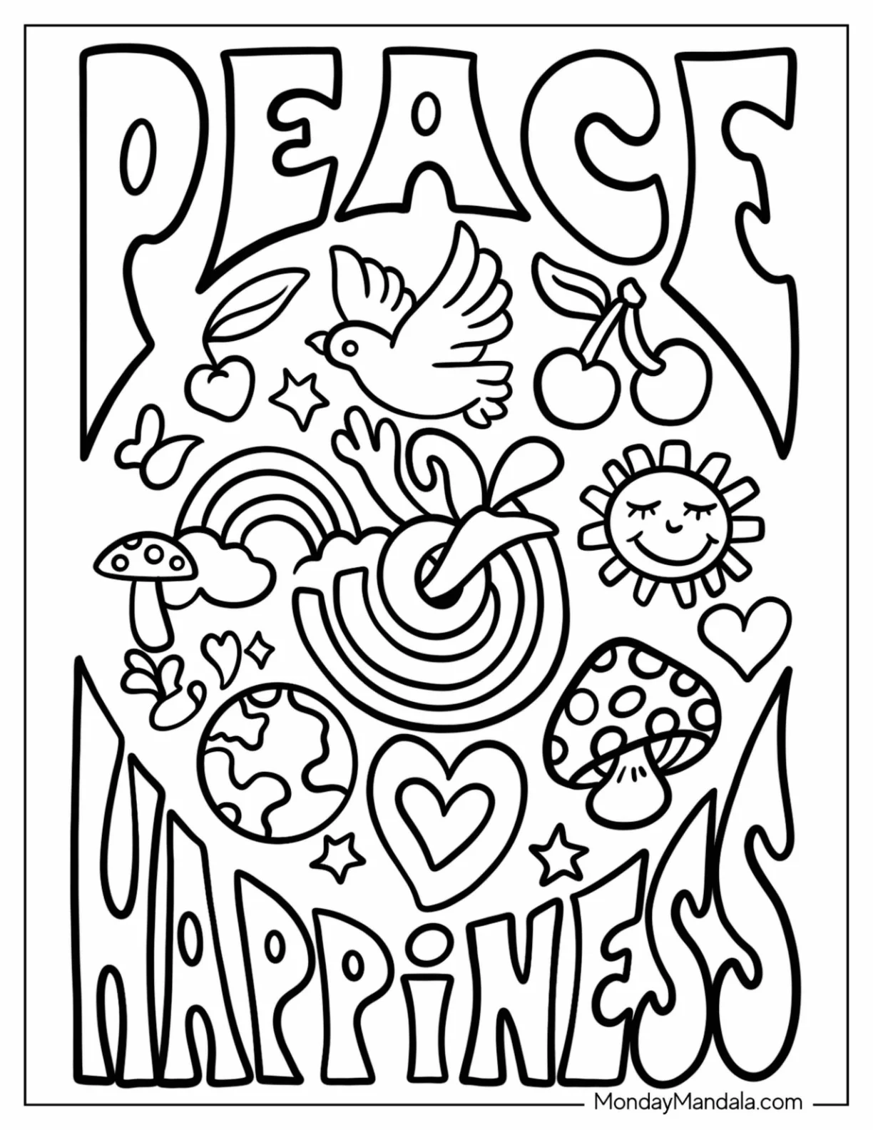 Peace and Happiness Hippie Coloring Page For Kids coloring page
