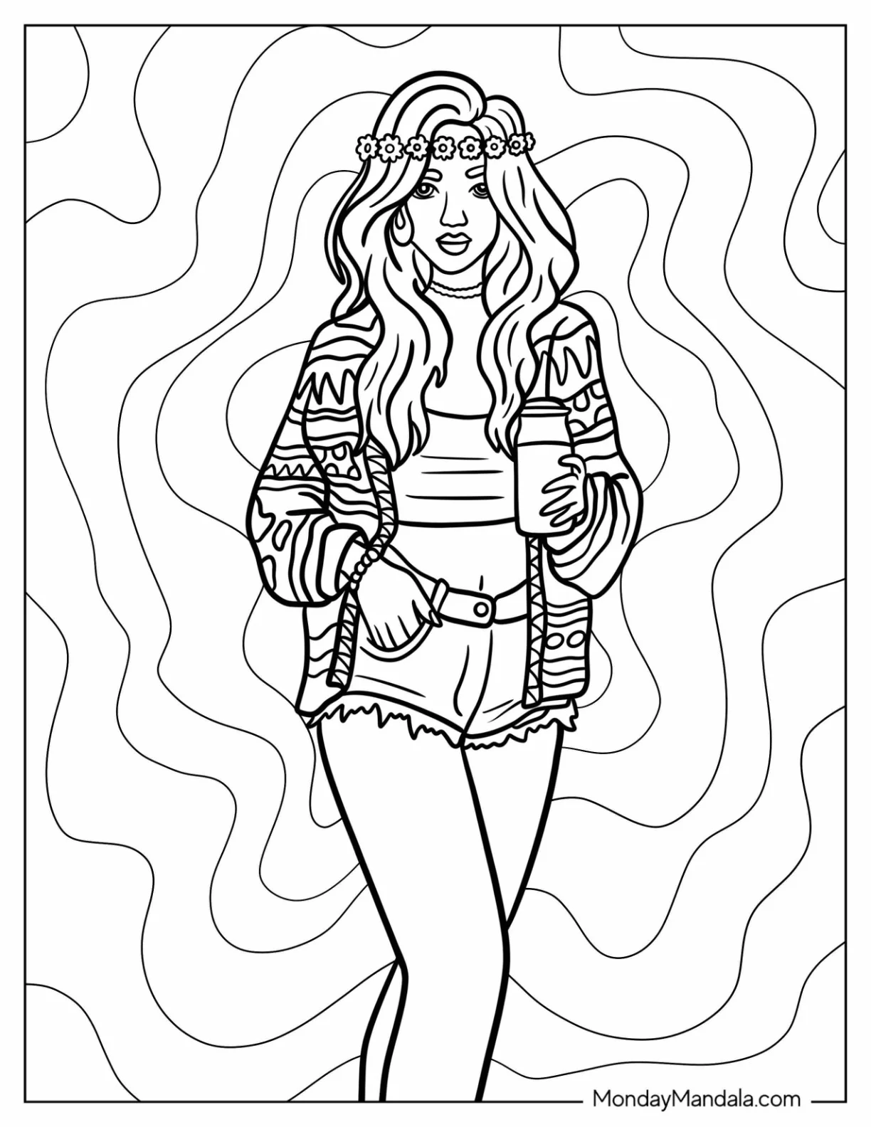 Pretty Hippie Coloring Page Of Woman Holding A Beverage coloring page