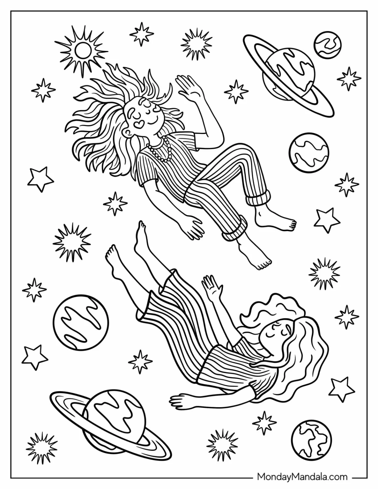 Sleeping Hippie Man and Woman Floating in Outer Space Coloring Page coloring page