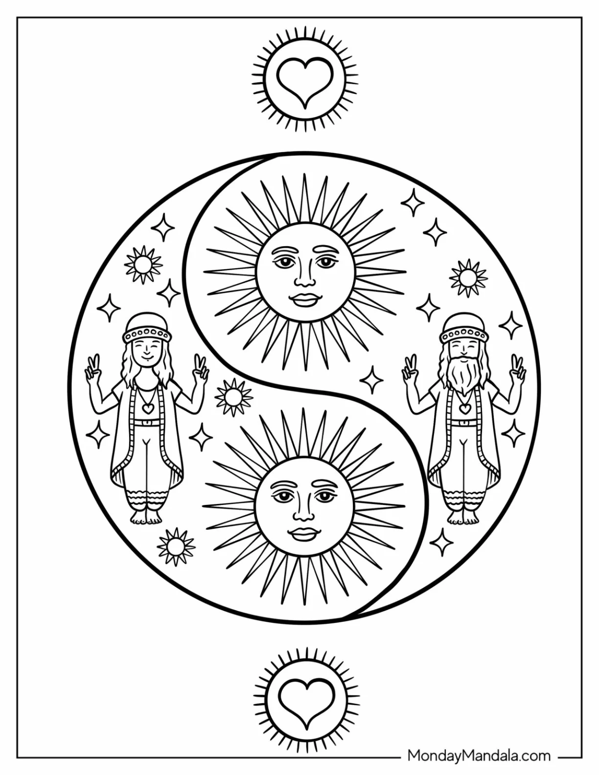 Yin and Yang Symbol with Hippies and Suns coloring page — printable line art