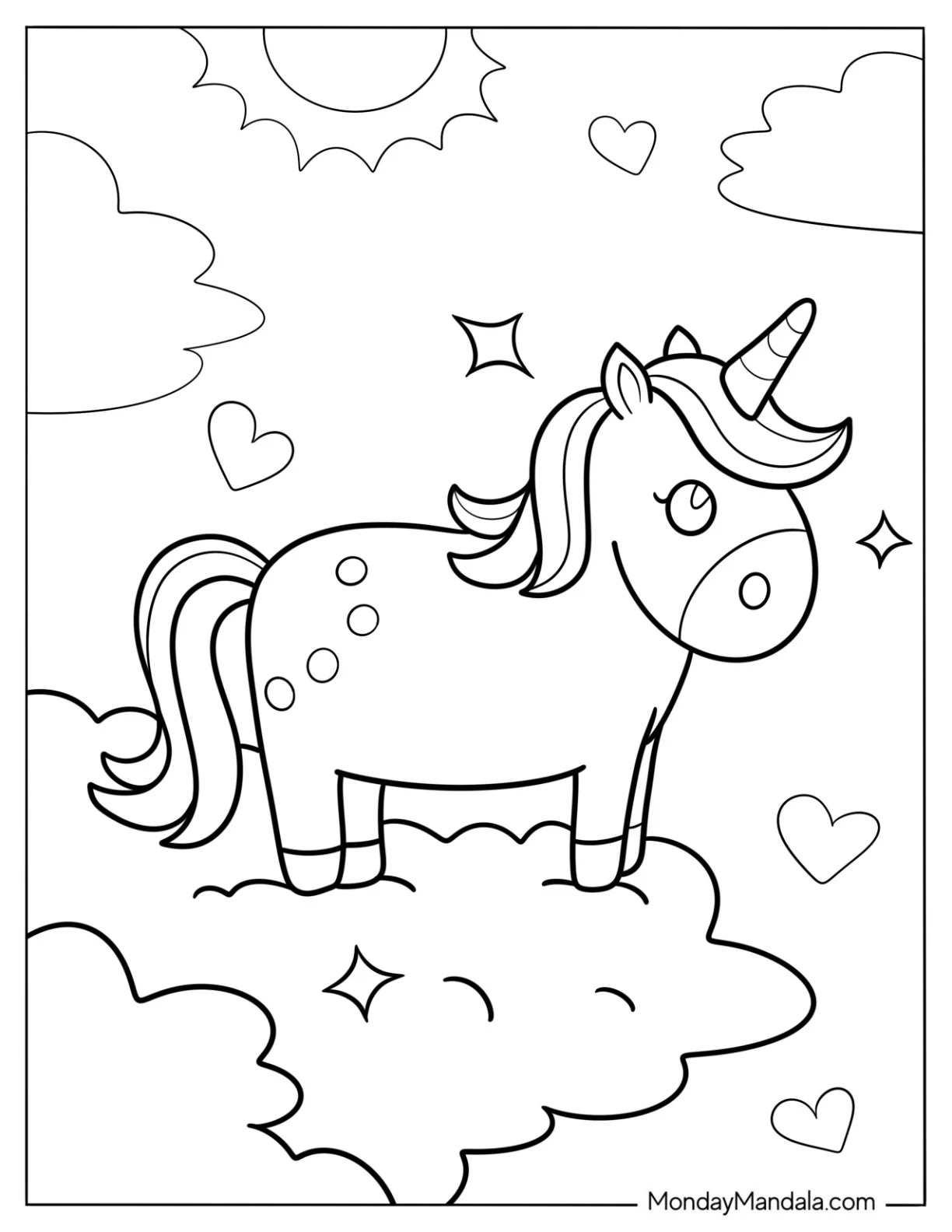 Beautiful Kawaii Unicorn On A Clouds coloring page — printable line art