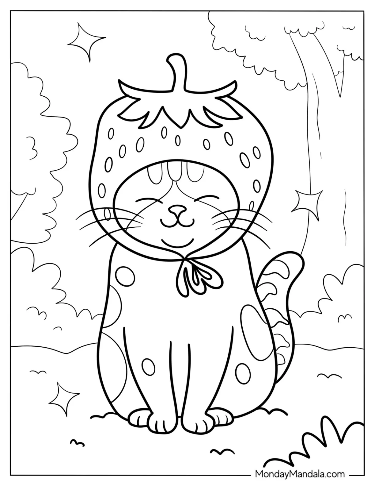 Cat Wearing A Strawberry Headdress Coloring Page coloring page — printable line art