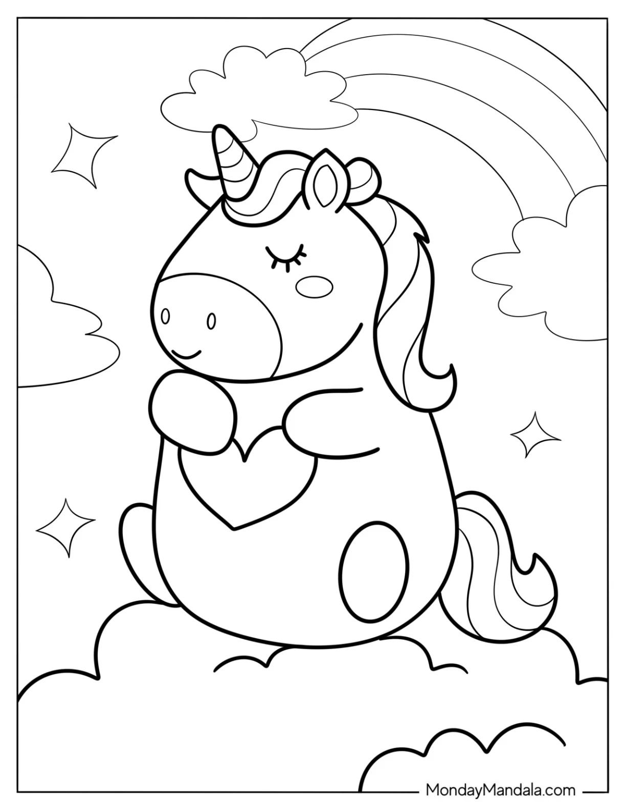 Chubby Little Unicorn Sitting On A Cloud Coloring Page coloring page — printable line art