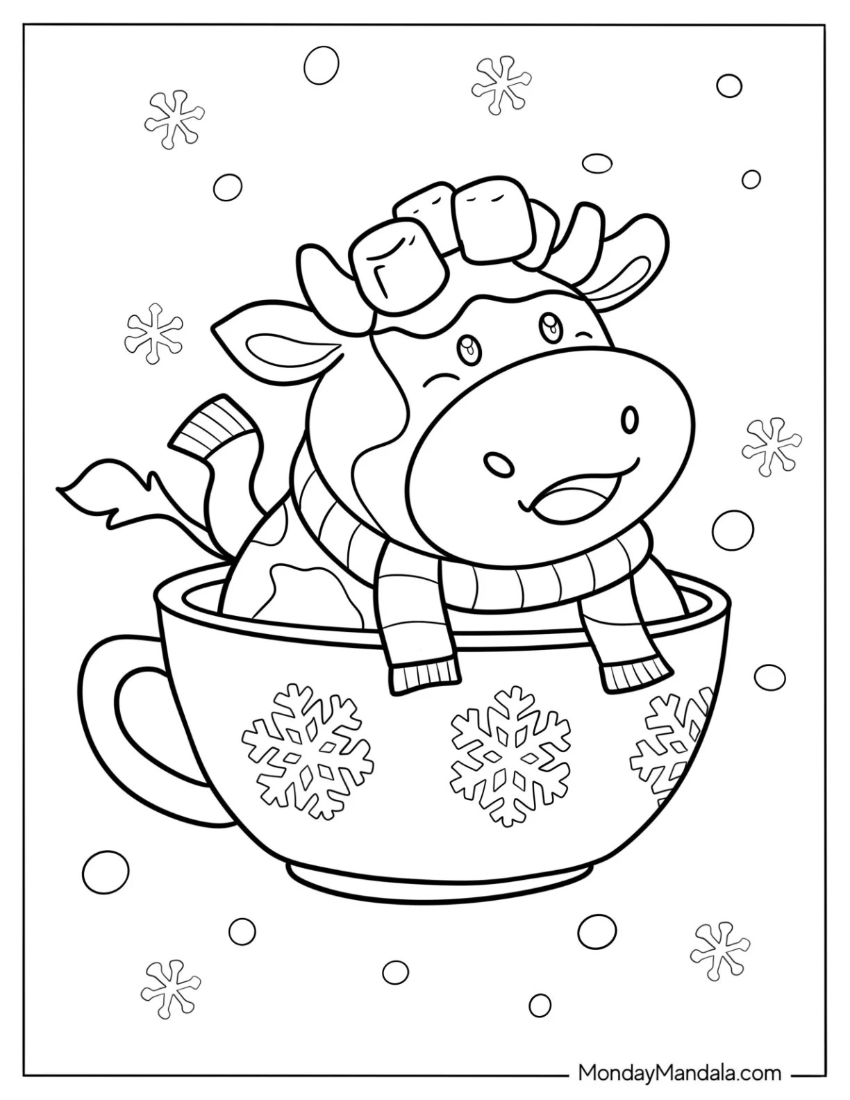 Cute Cow In A Teacup With Snowflake Design coloring page — printable line art