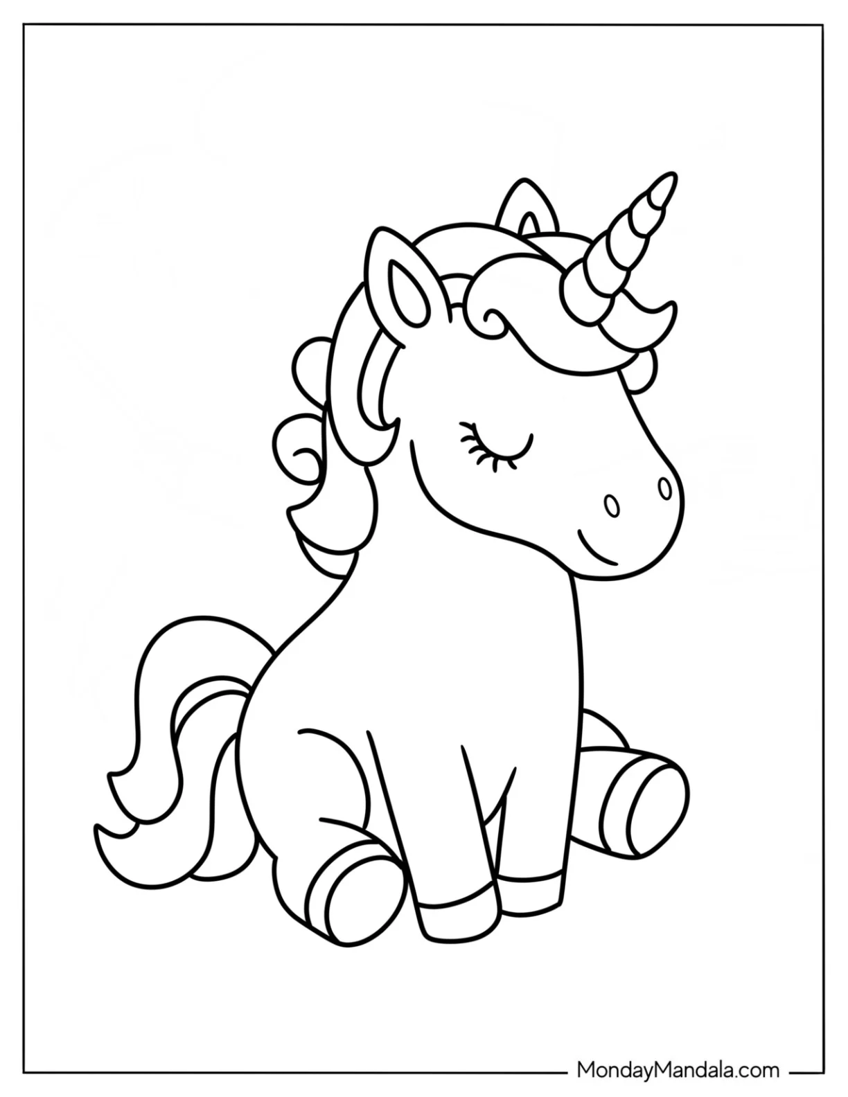 Easy Kawaii Unicorn Sitting Coloring Page For Kids coloring page