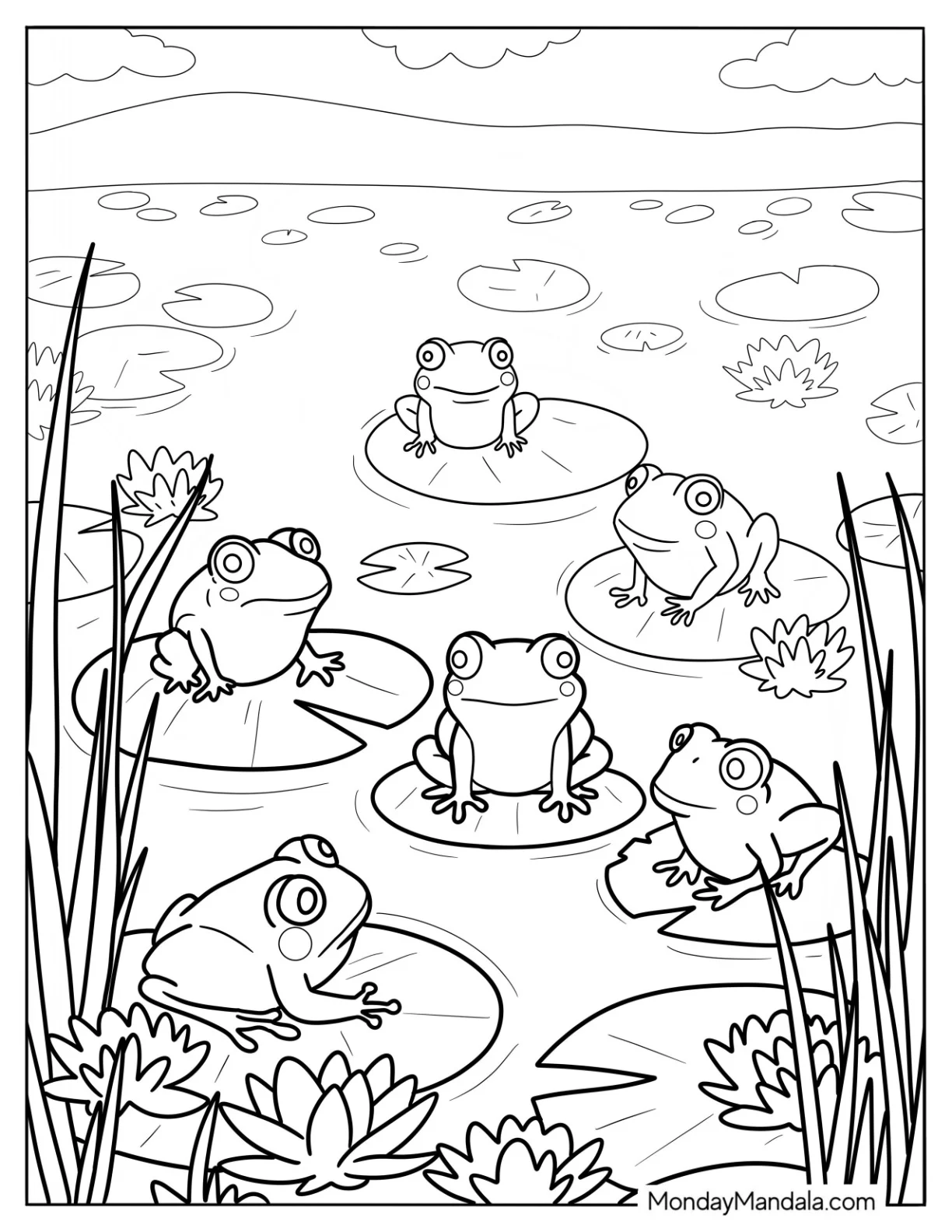 Frogs Sitting On Lily Pads In A Pond Coloring Sheet coloring page — printable line art