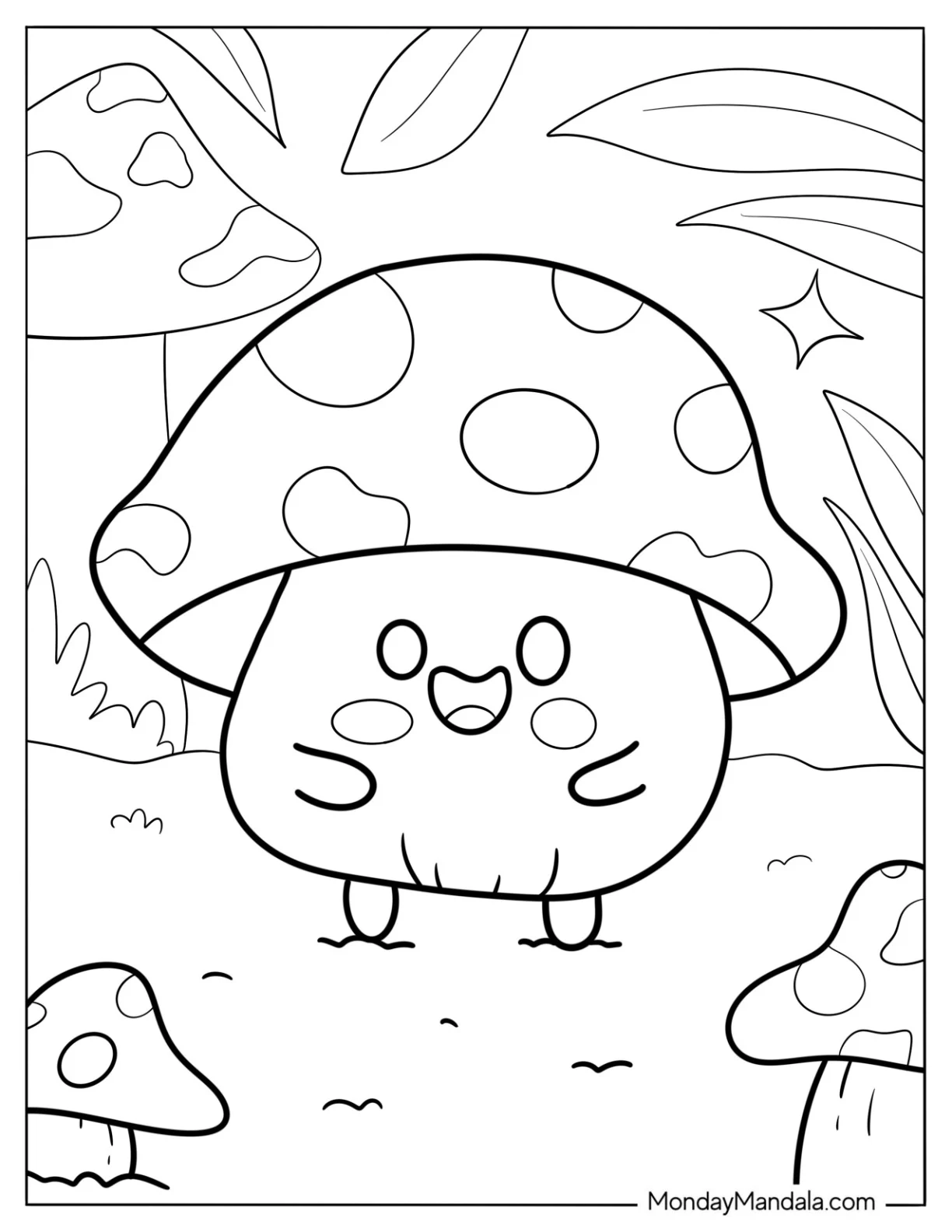 Happy Kawaii Mushroom Coloring Sheet coloring page — printable line art
