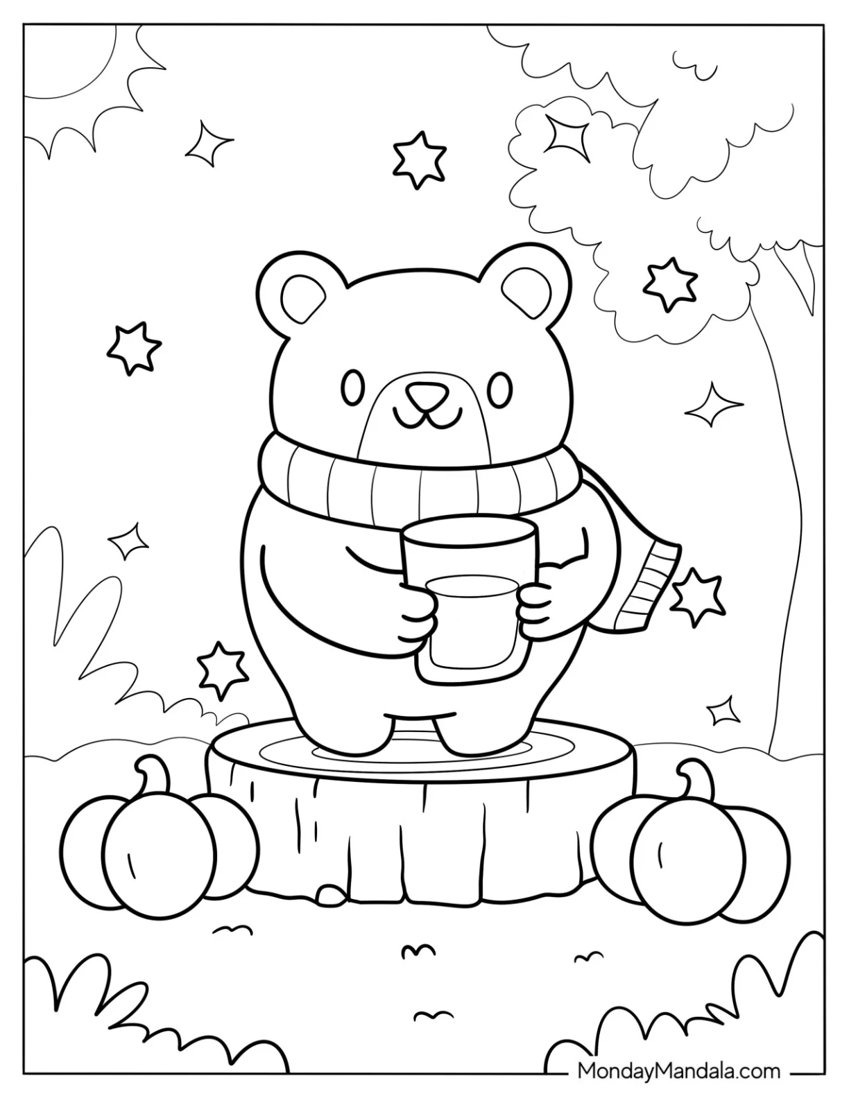 Kawaii Bear Holding A Cup O Milk Coloring Page For Kids coloring page — printable line art