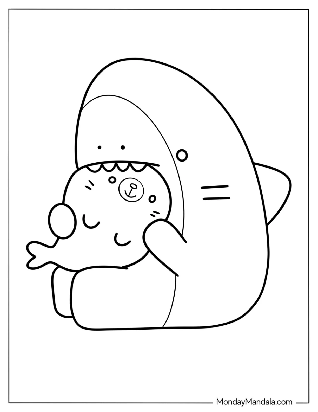 Kawaii Cartoon Shark Play Biting A Sea Lion Coloring Page For Kids coloring page — printable line art