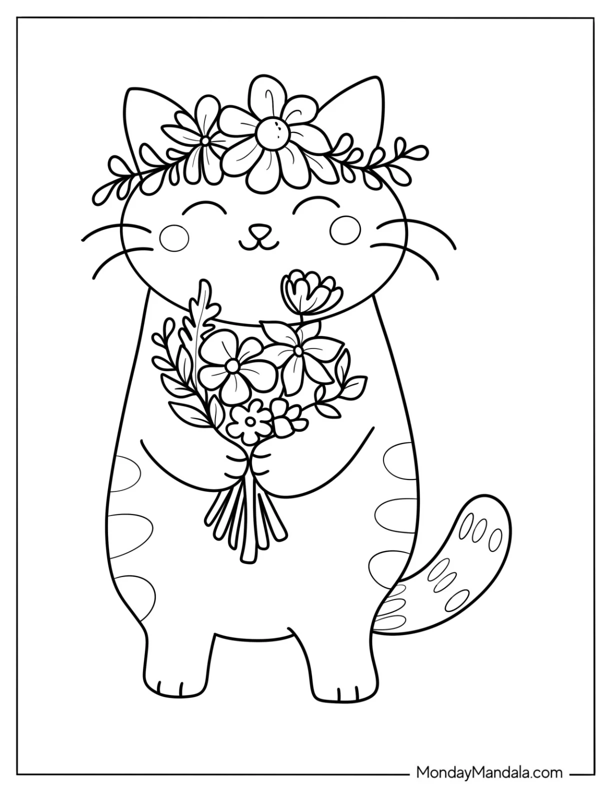 Kawaii Cat Holding A Flower Bouquet Coloring Sheet coloring page — printable line art