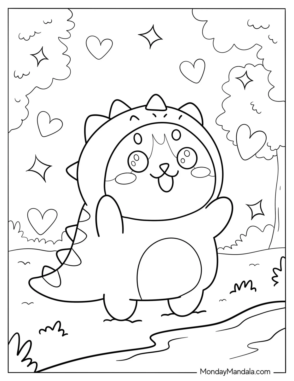 Kawaii Cat In A Dinosaur Onesie Coloring Sheet coloring page