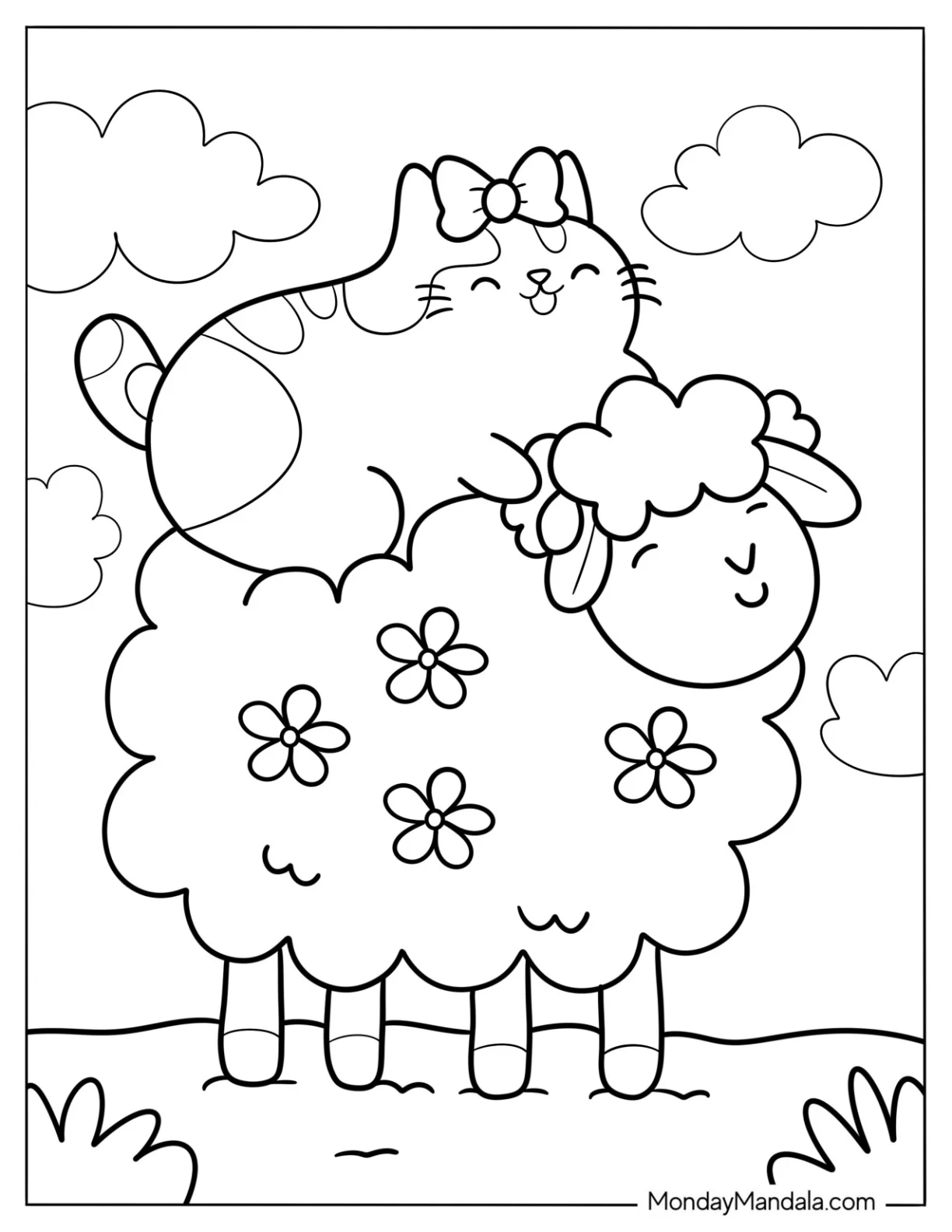 Kawaii Cat Sitting On A Fluffy Sheep Coloring Page coloring page