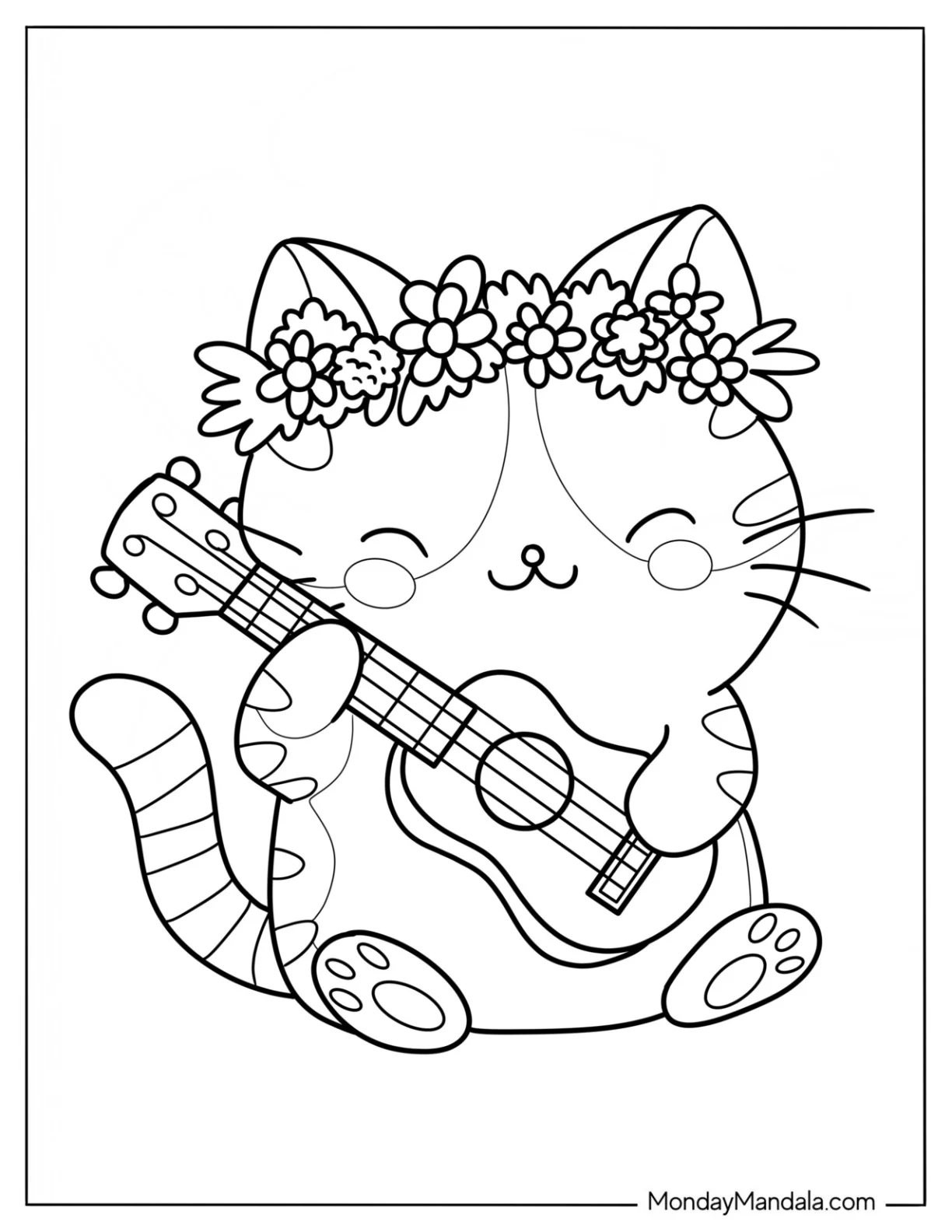 Kawaii Cat With A Flower Crown Playing The Ukelele coloring page — printable line art