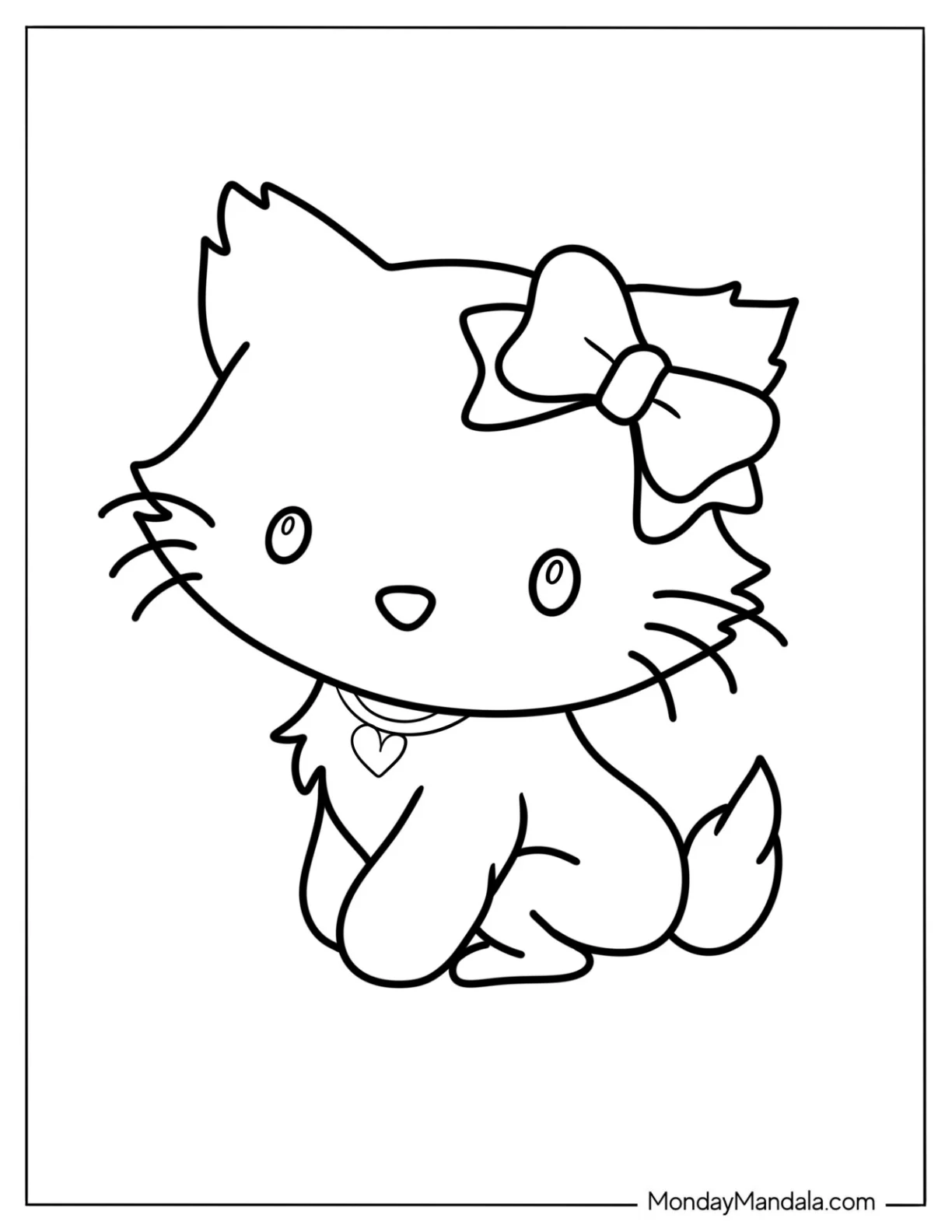 Kawaii Cat With Bow Coloring Page For Preschoolers coloring page — printable line art