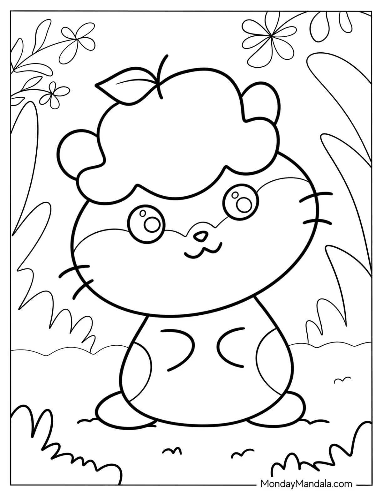 Kawaii Cat With Crushed Apple On Its Head coloring page — printable line art