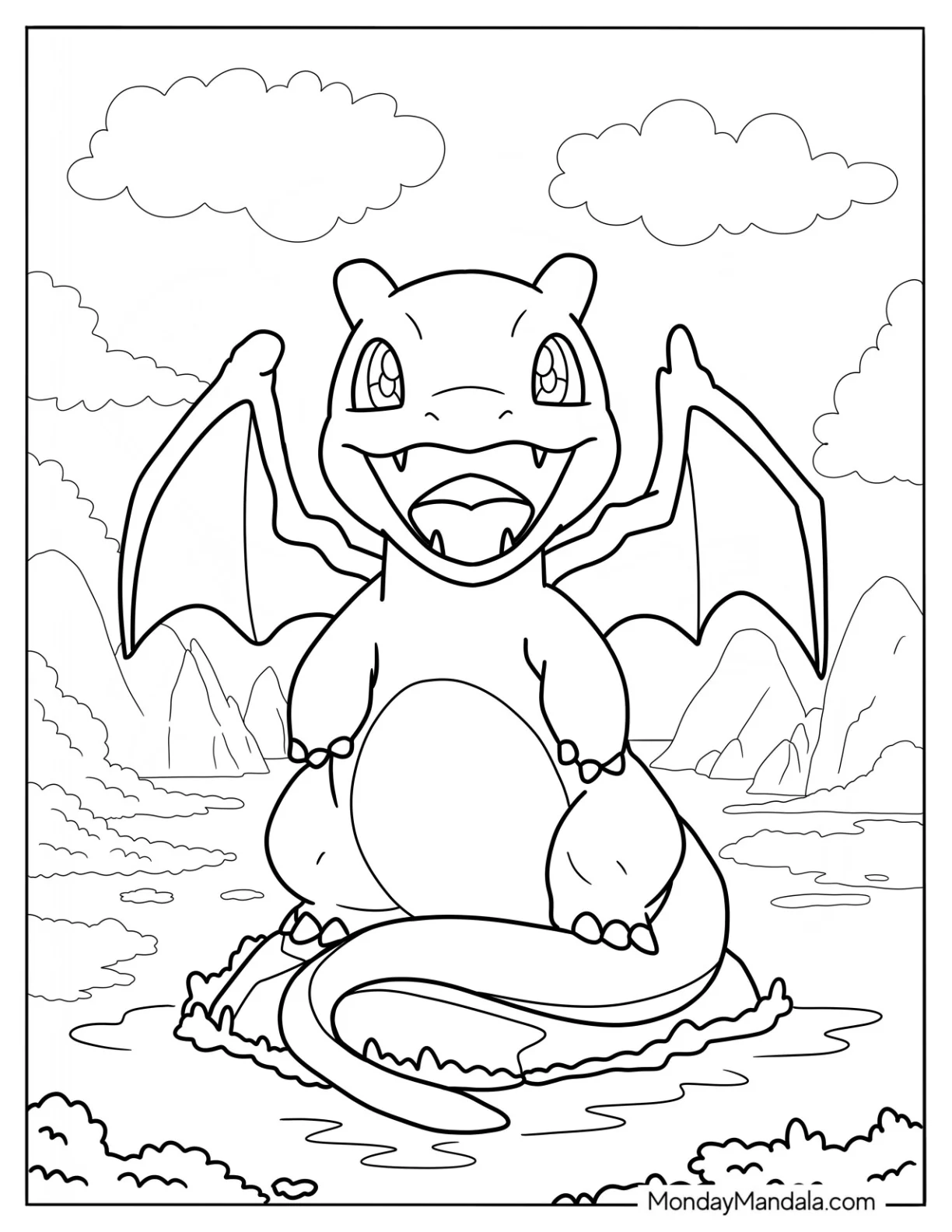 Kawaii Charizard Standing On A Rock Coloring Sheet coloring page