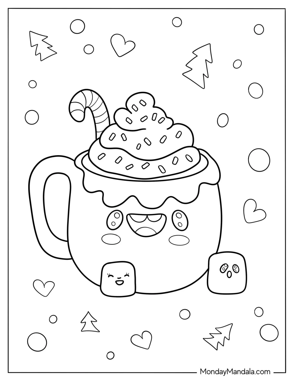 Kawaii Chocolate Frappe With Sprinkles And Marshmallows coloring page — printable line art