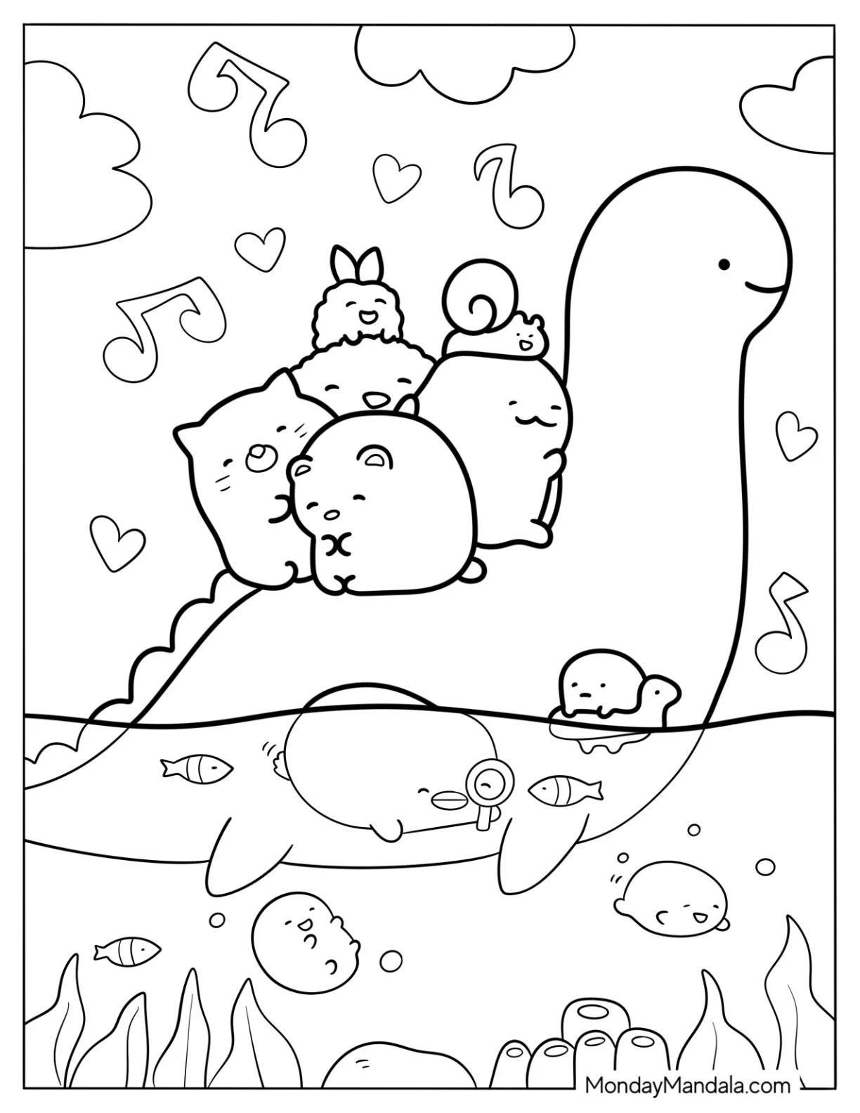 Kawaii Dinosaur With Little Animals On Its Back Coloring Page coloring page — printable line art