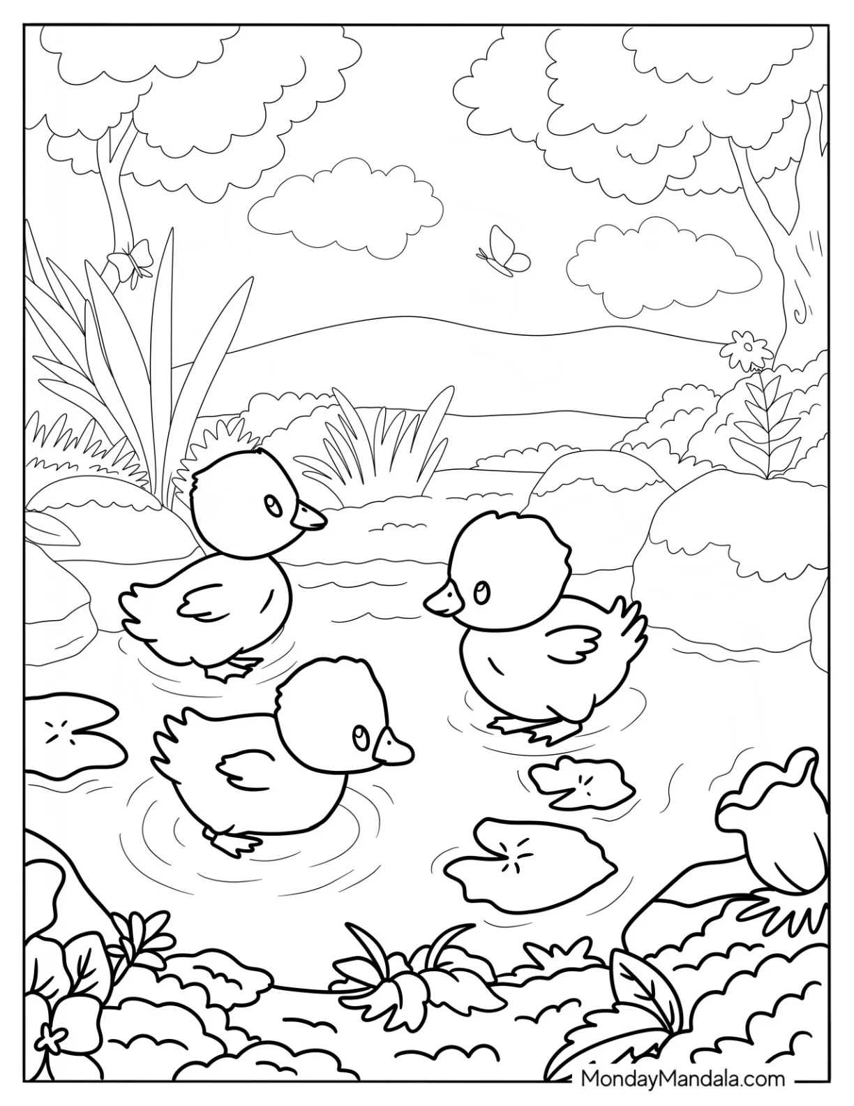 Kawaii Ducklings Playing In A Pond Coloring Page For Preschoolers coloring page — printable line art