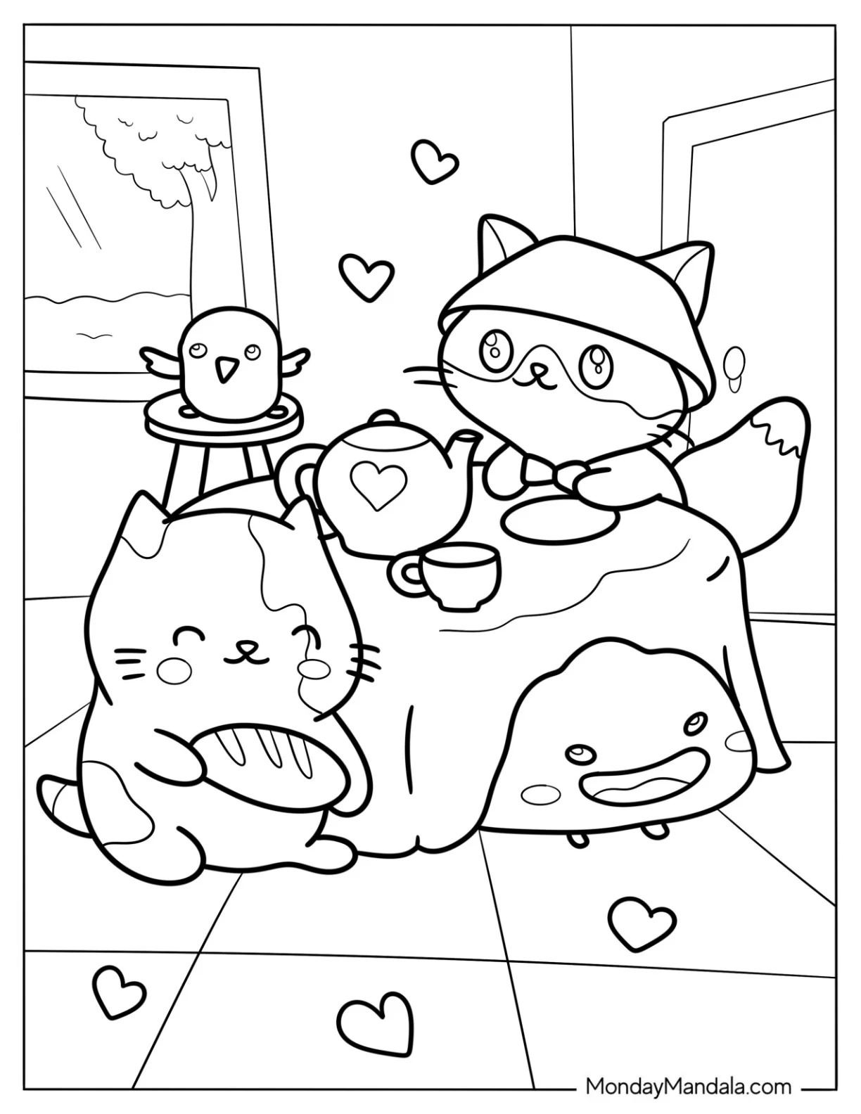 Kawaii Fox, Bird, Axolotl, And Cat Eating Together coloring page
