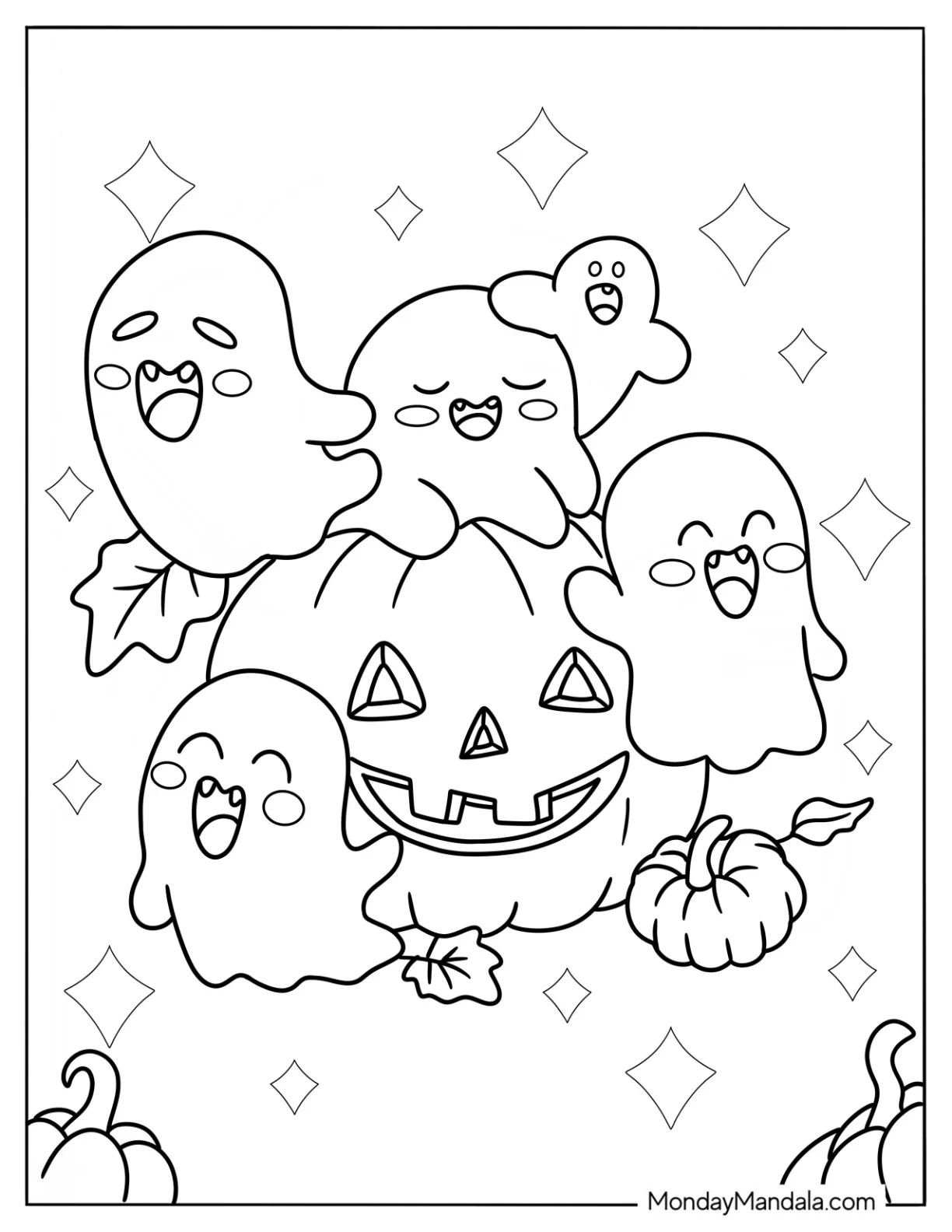 Kawaii Ghosts With Fangs Hanging Around A Jack O Lantern coloring page — printable line art