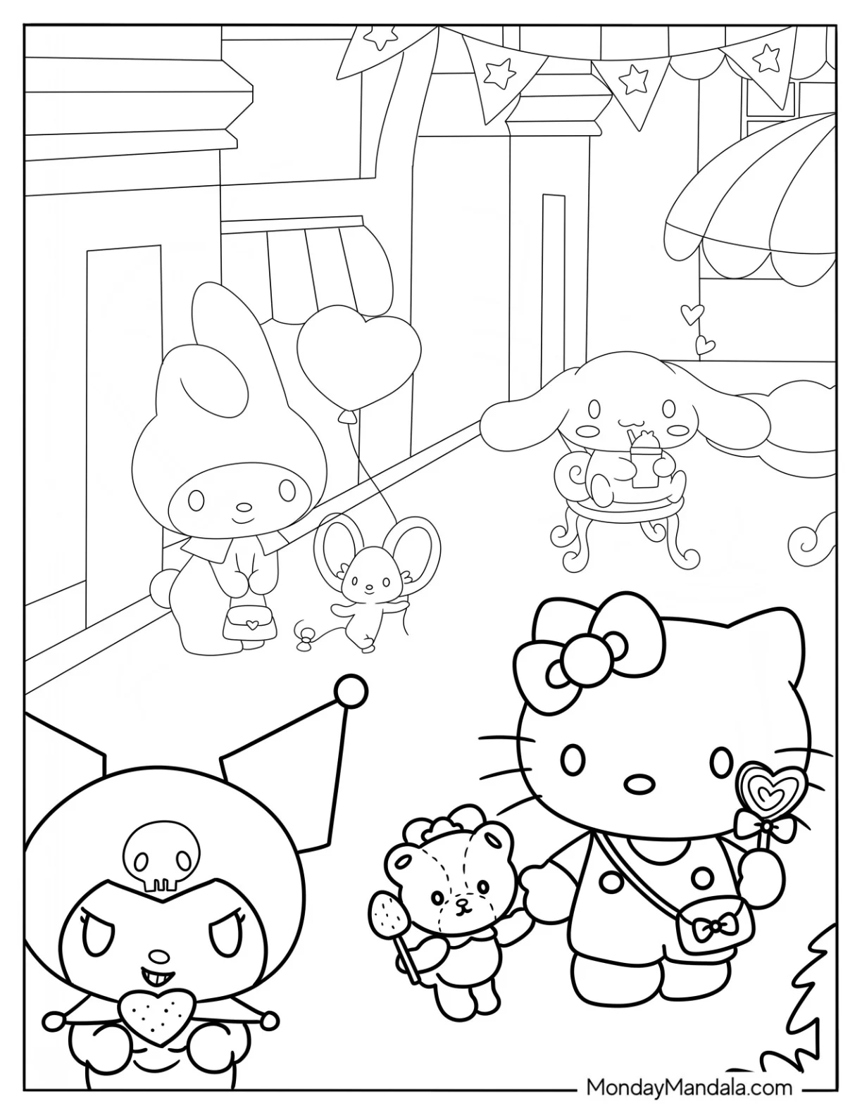 Kawaii Hello Kitty, Kuromi, My Melody, And Sanrio Friends coloring page — printable line art