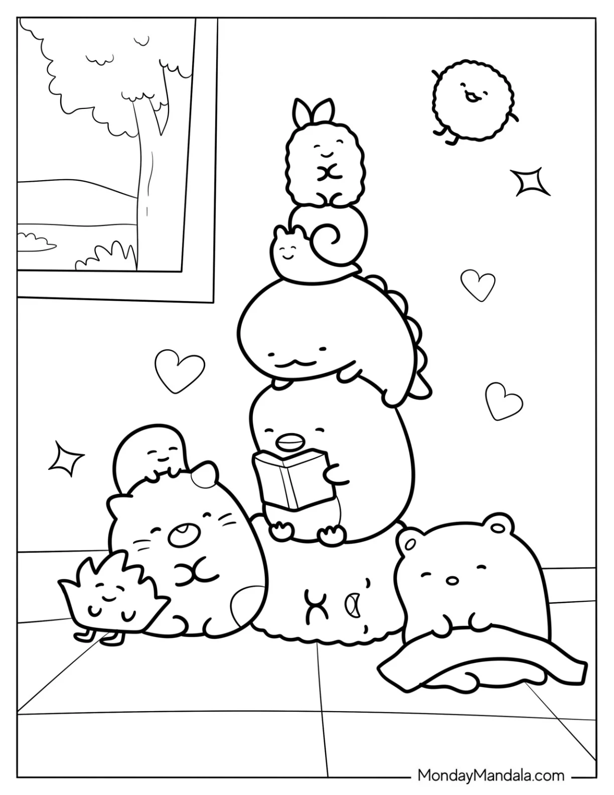 Kawaii Little Animals Resting In A Room Coloring Sheet coloring page