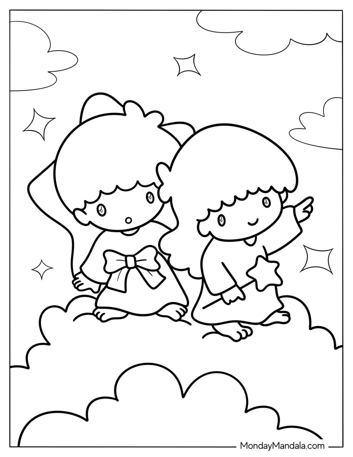 Kawaii Little Twin Stars On A Cloud Coloring Sheet coloring page