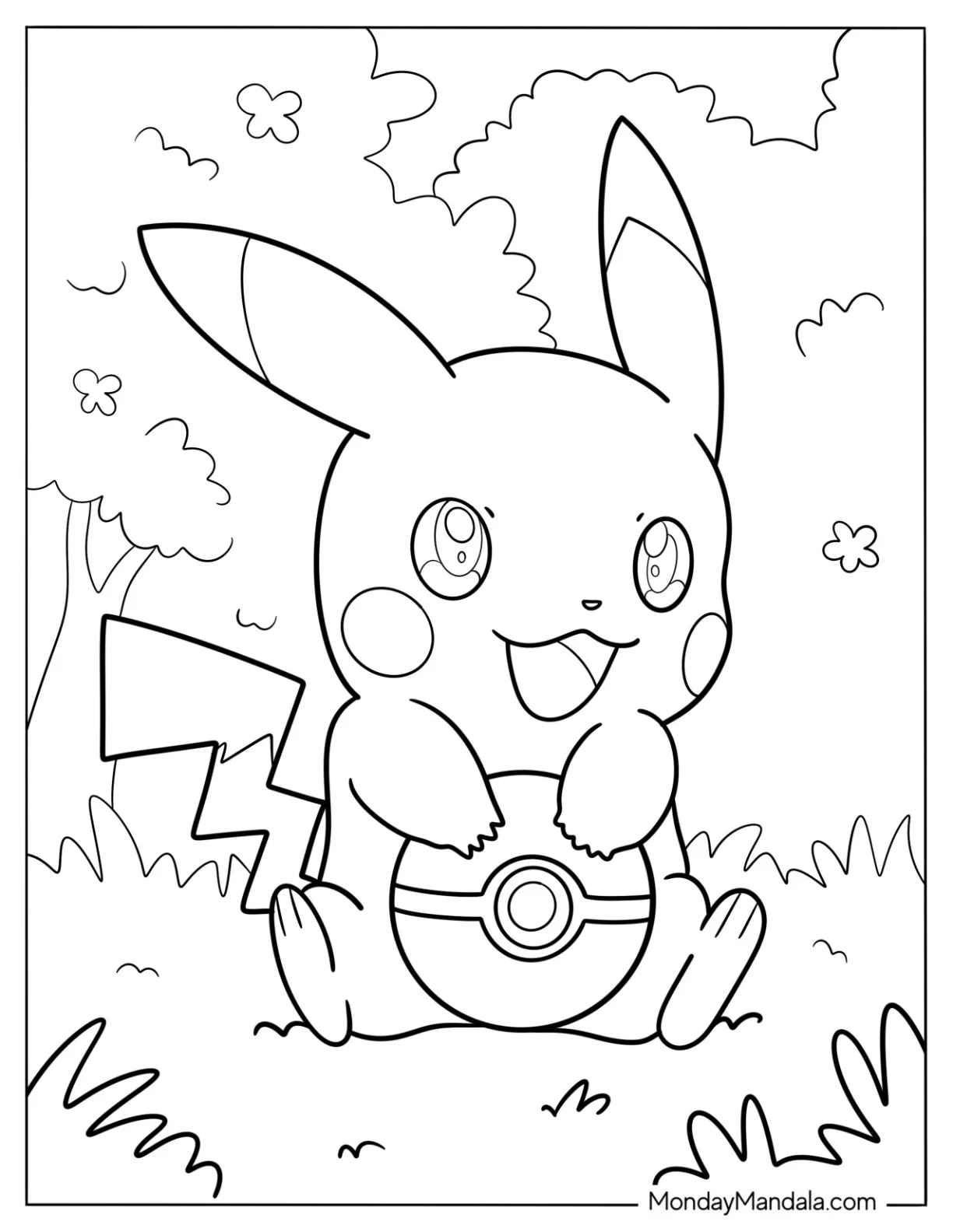 Kawaii Pikachu Hugging A Pokeball Coloring Sheet coloring page