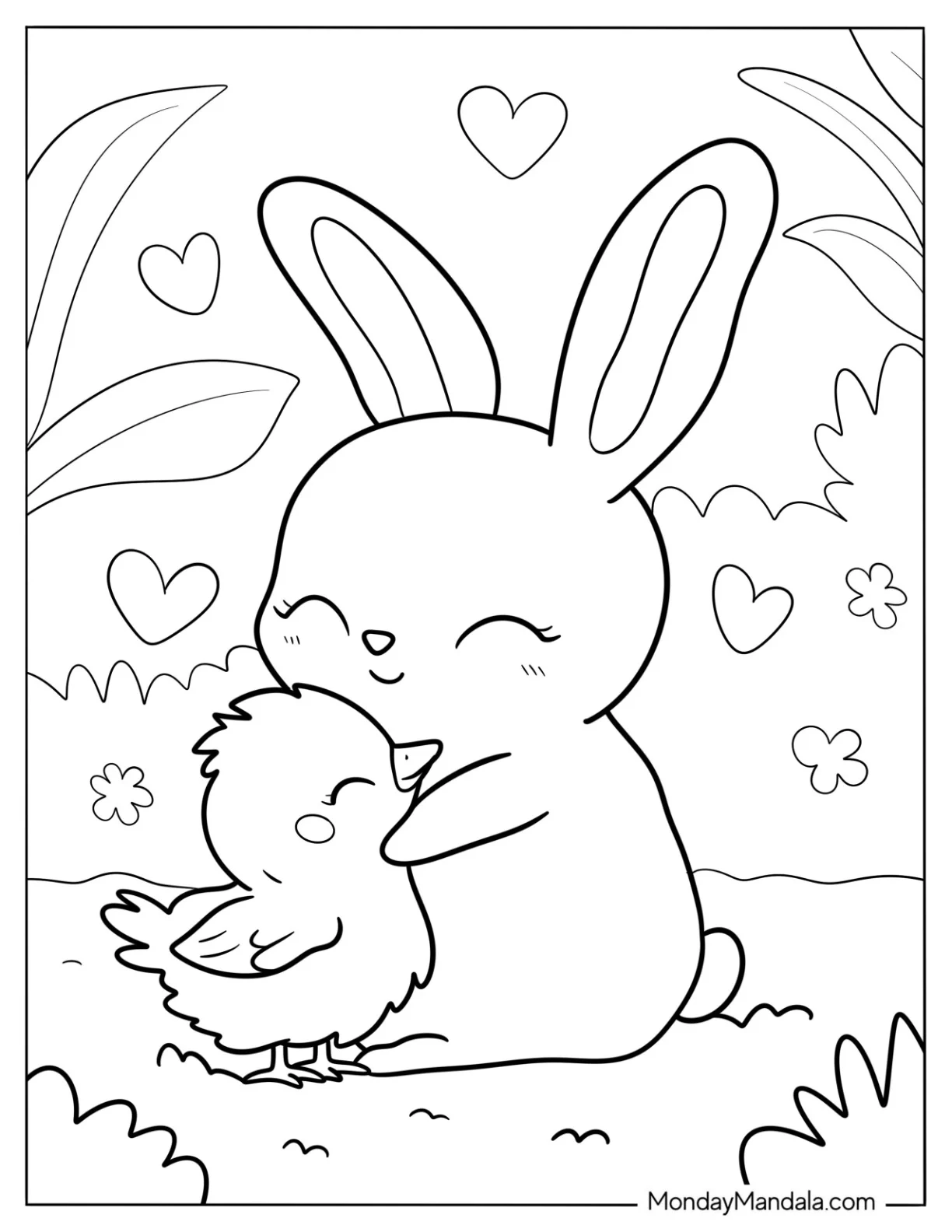 Kawaii Rabbit Hugging A Duckling Coloring Page coloring page