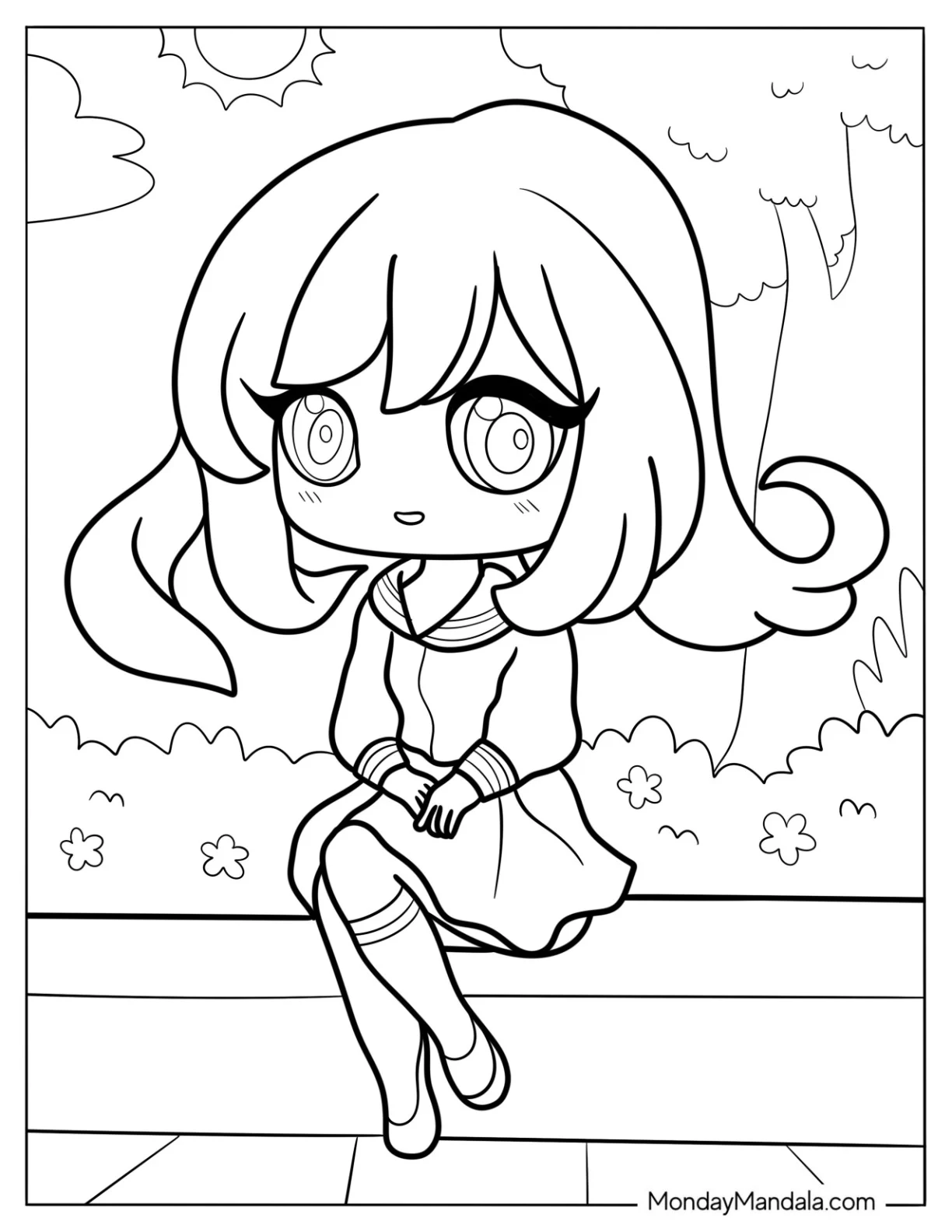 Kawaii School Girl Sitting In A Park Coloring Page coloring page