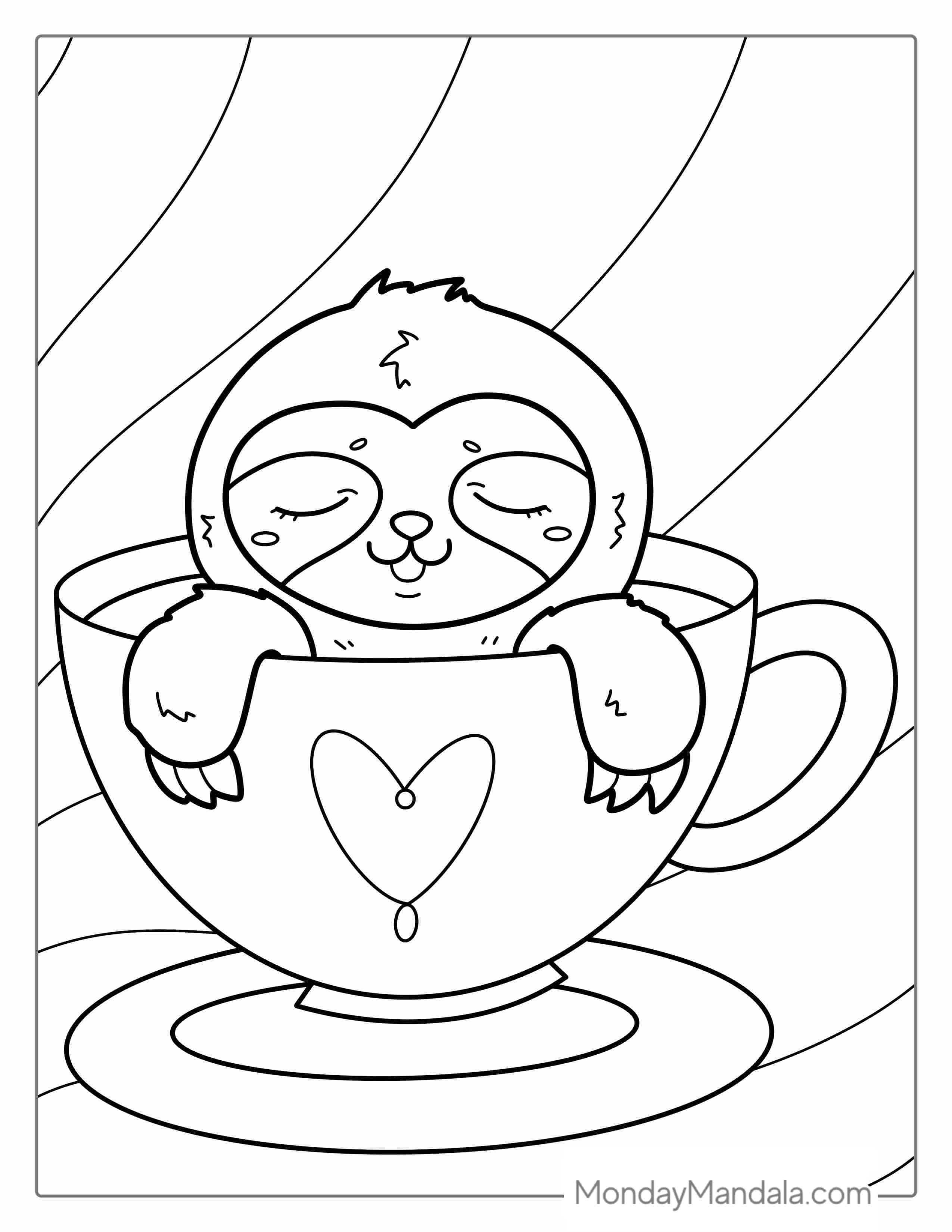 Kawaii Sloth Sitting In Teacup Coloring For Preschoolers coloring page — printable line art