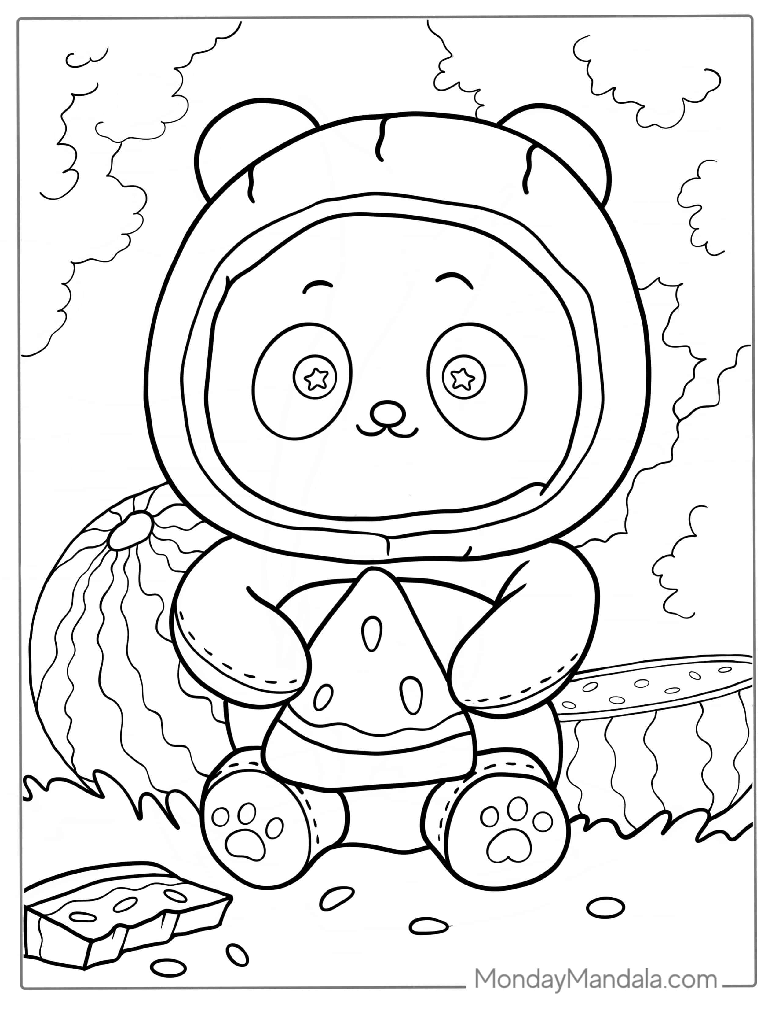 Kawaii Themed Panda With Watermelon coloring page