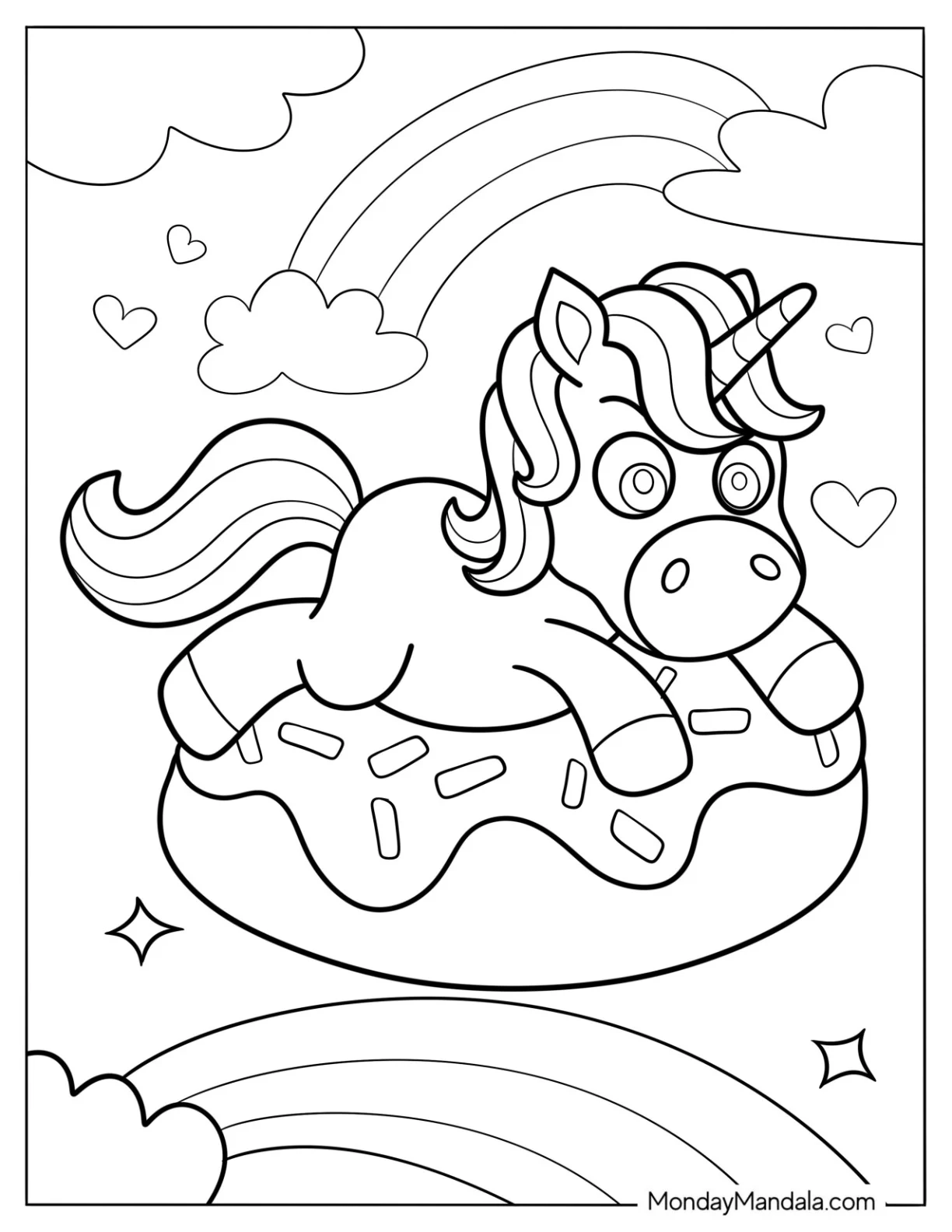 Kawaii Unicorn On A Donut Coloring Page coloring page