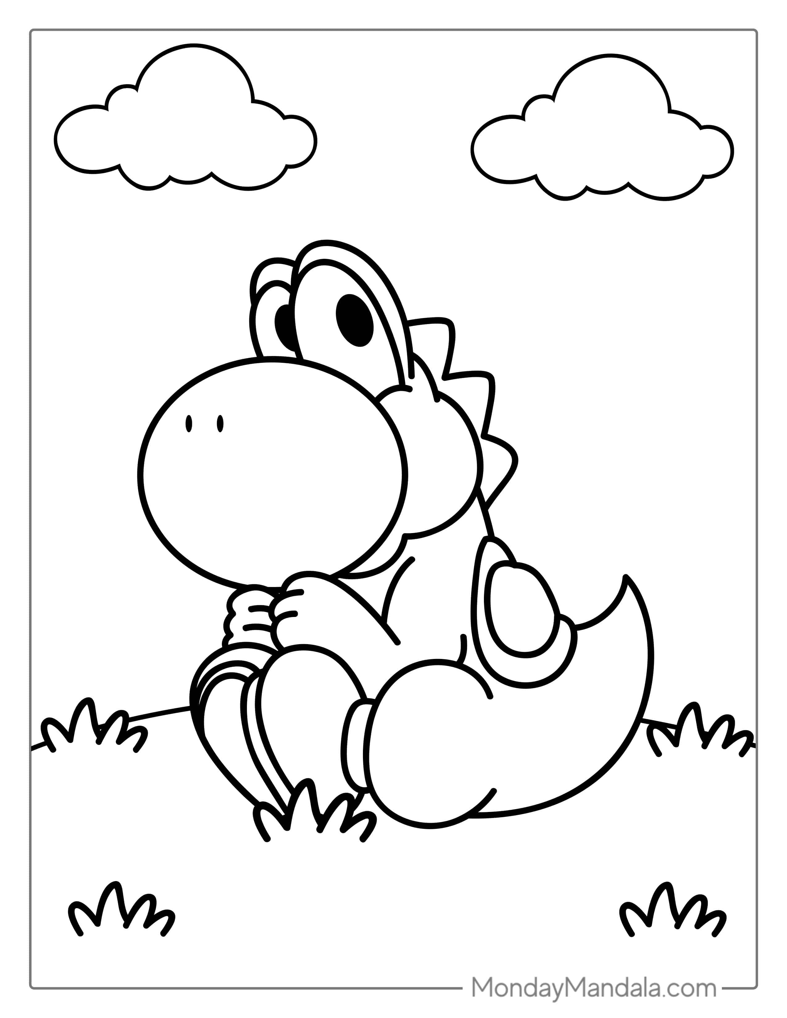 Kawaii Yoshi Sitting In Field Coloring For Kids coloring page — printable line art