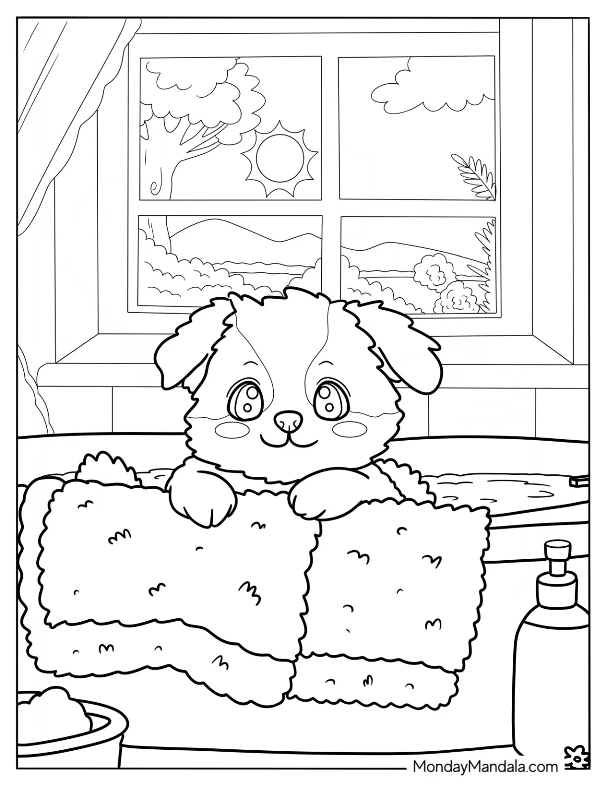 Puppy Sitting In A Bathtub By The Window Coloring Sheet coloring page — printable line art