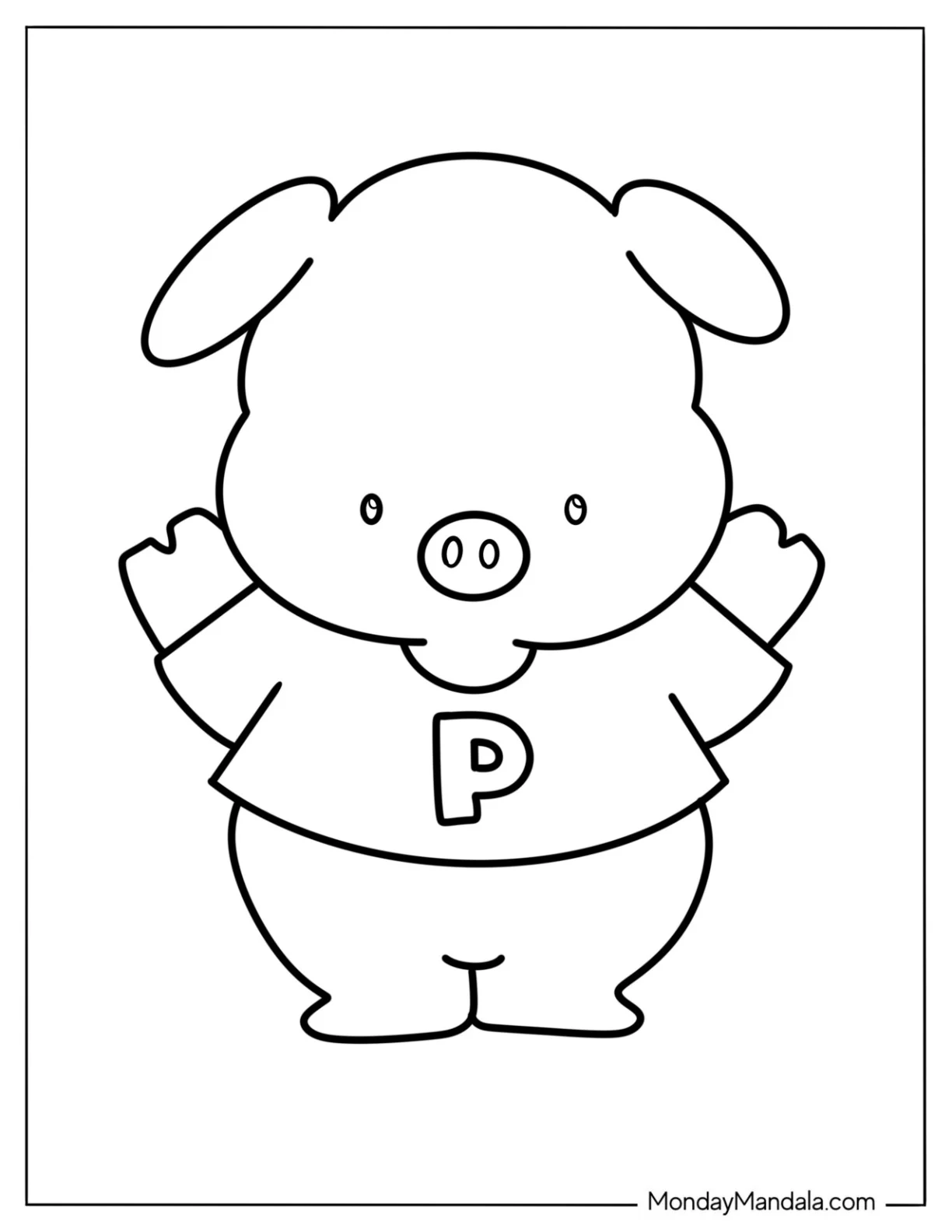 Simple Kawaii Pig Wearing A Shirt Coloring Sheet For Preschoolers coloring page
