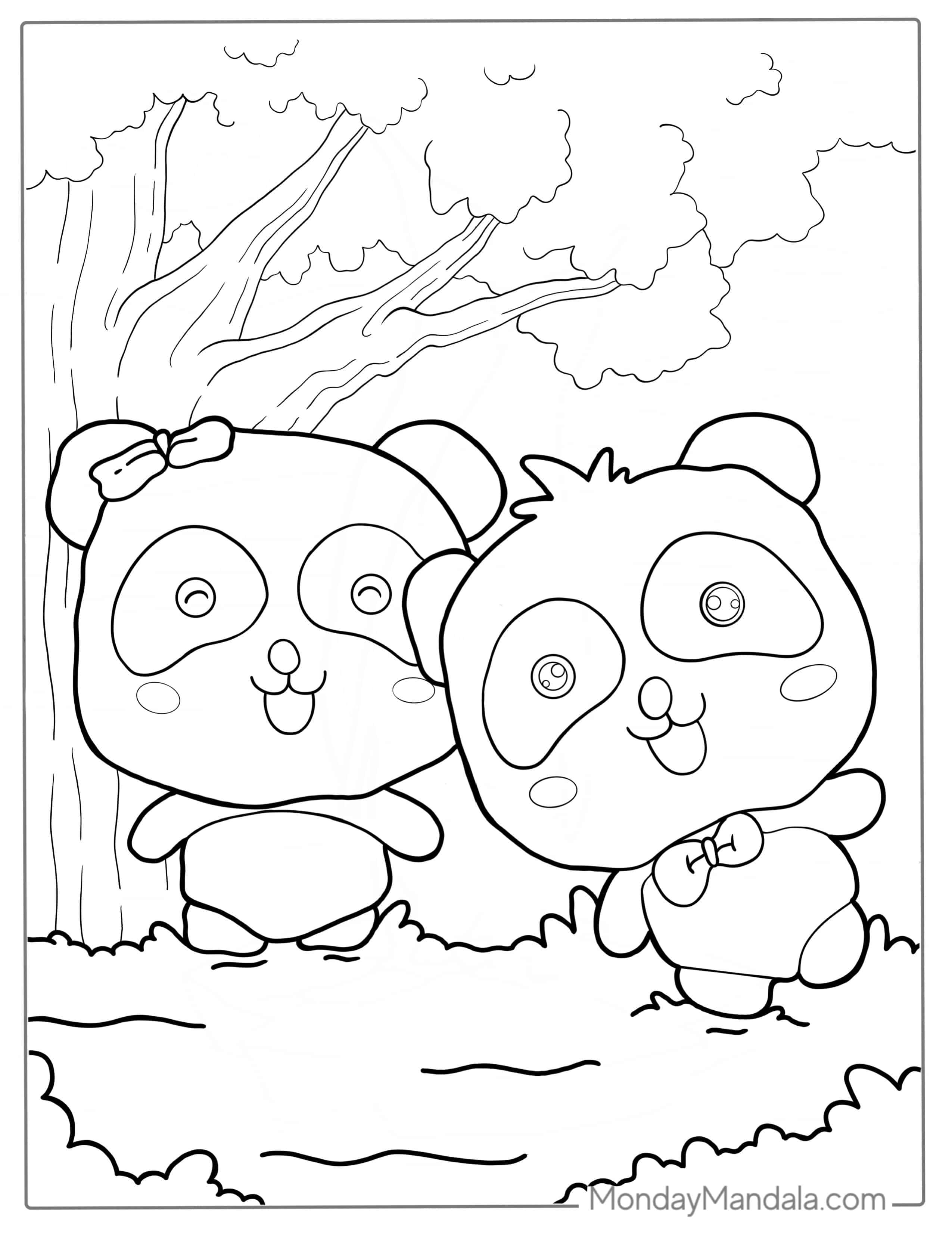 Two Cute Kawaii Pandas coloring page — printable line art
