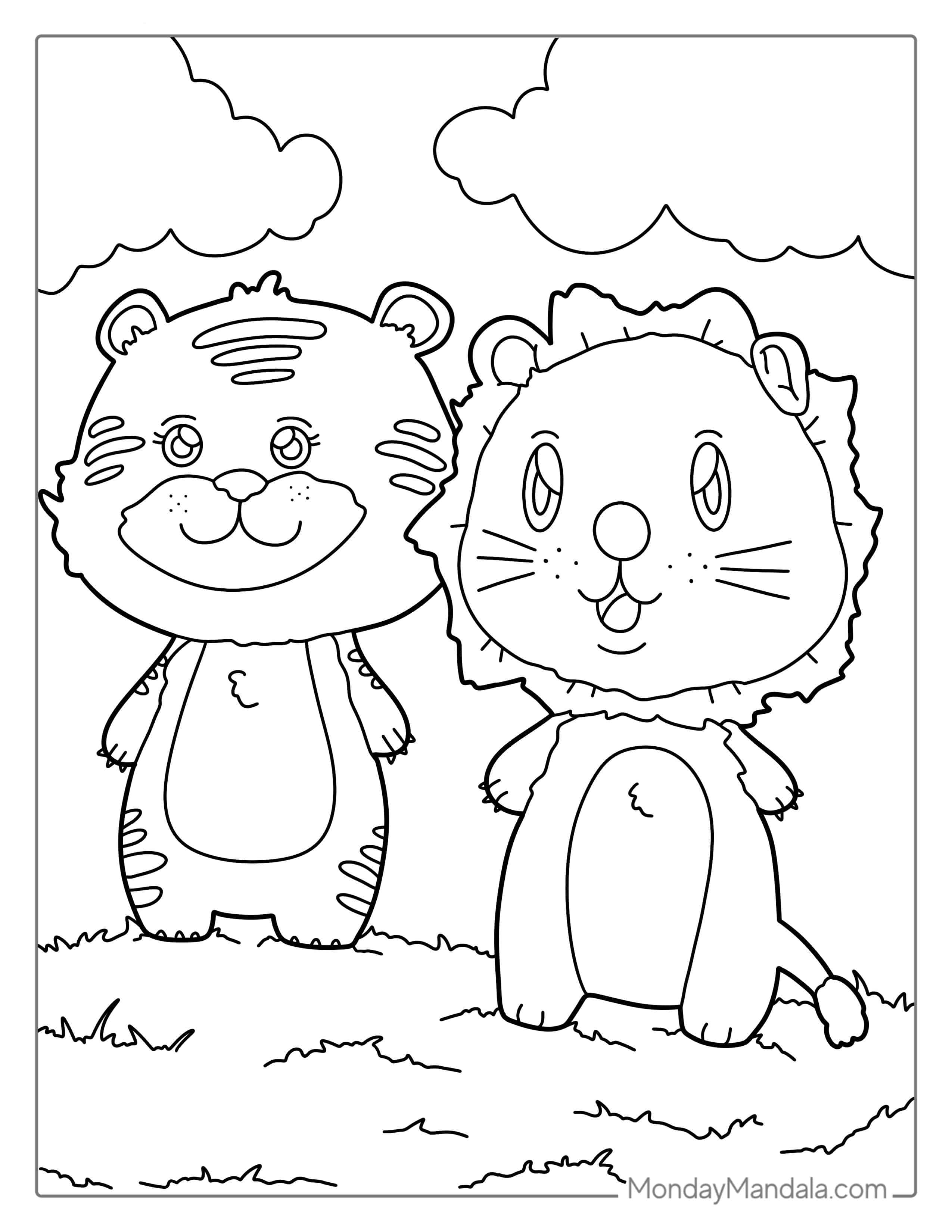 Two Cute Kawaii Tigers Standing On Grass coloring page — printable line art