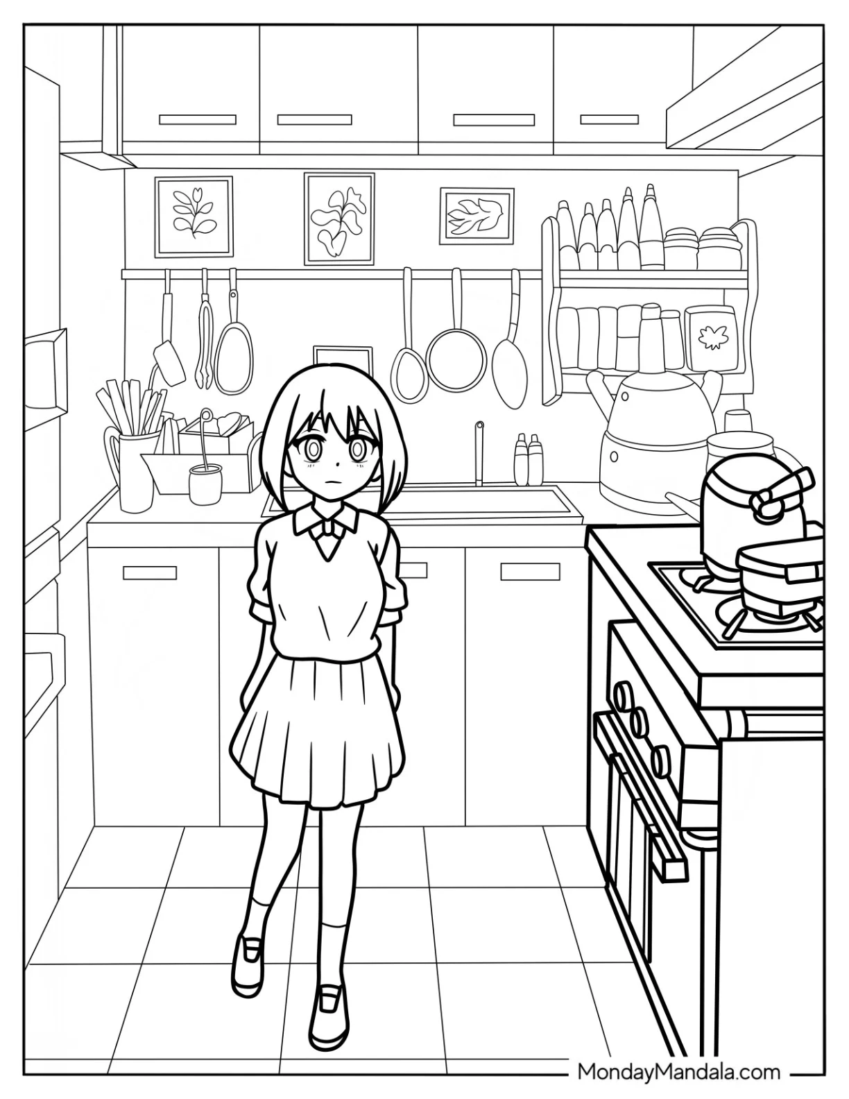 Anime Girl Inside A Cozy Kitchen Coloring Page coloring page
