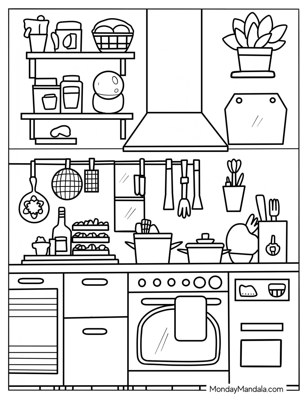 Cartoon Kitchen Coloring Page Full Of Food And Utensils coloring page