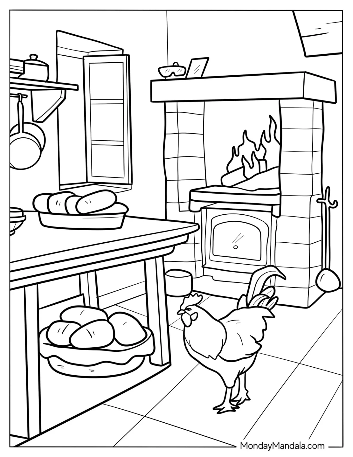Cottagecore Kitchen Coloring Page With Fireplace, Bread, And Live Chicken coloring page