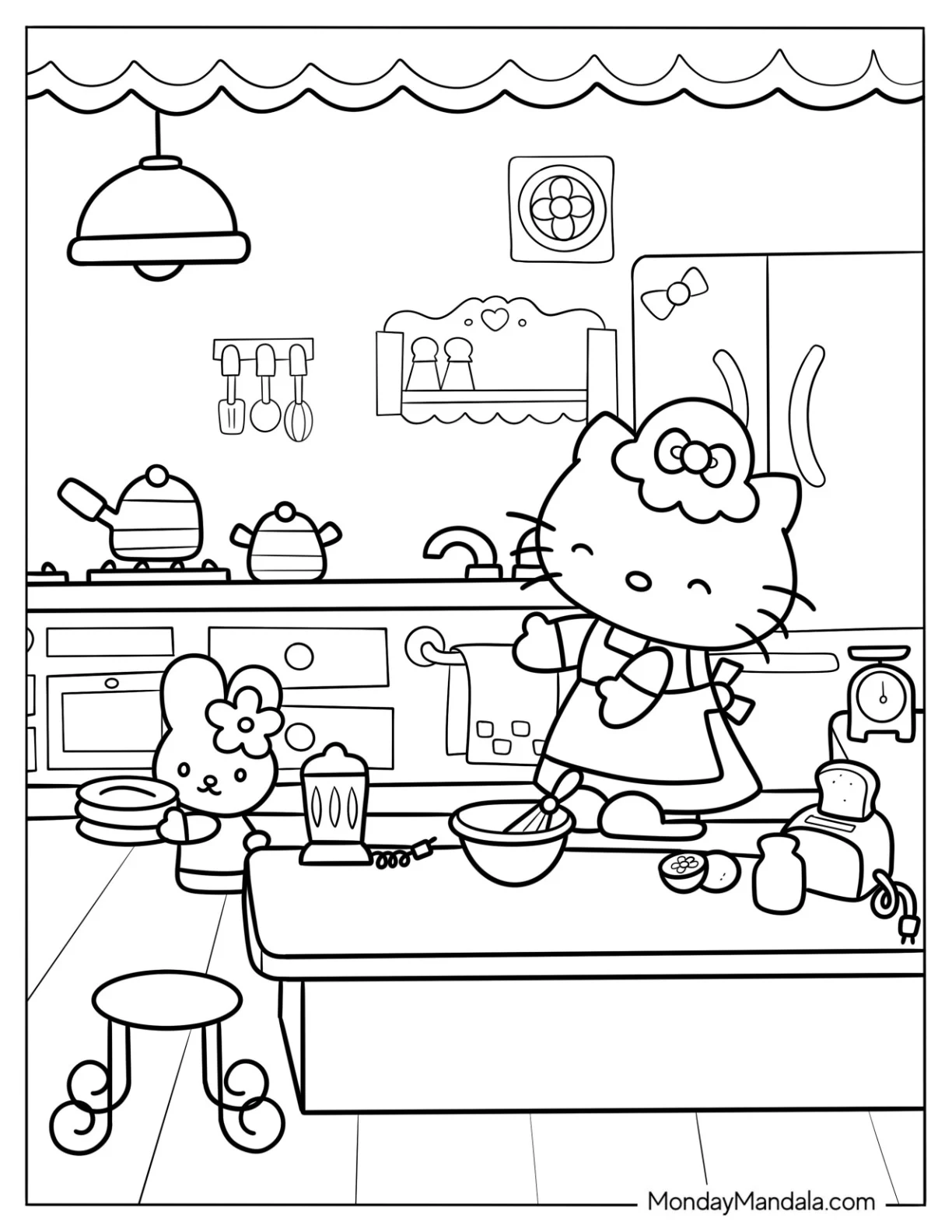 Cute Hello Kitty And Friend Baking In The Kitchen Coloring Page For Kids coloring page