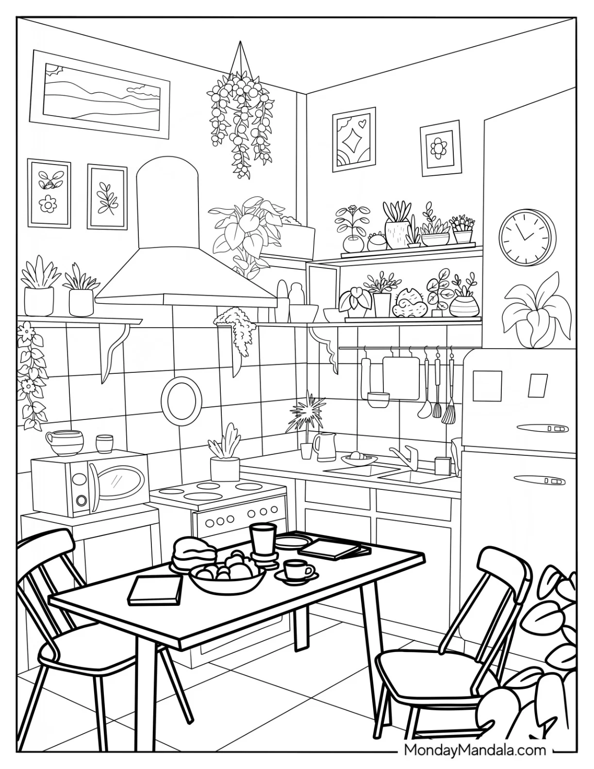 Hippie Kitchen Coloring Page With Food On The Table coloring page